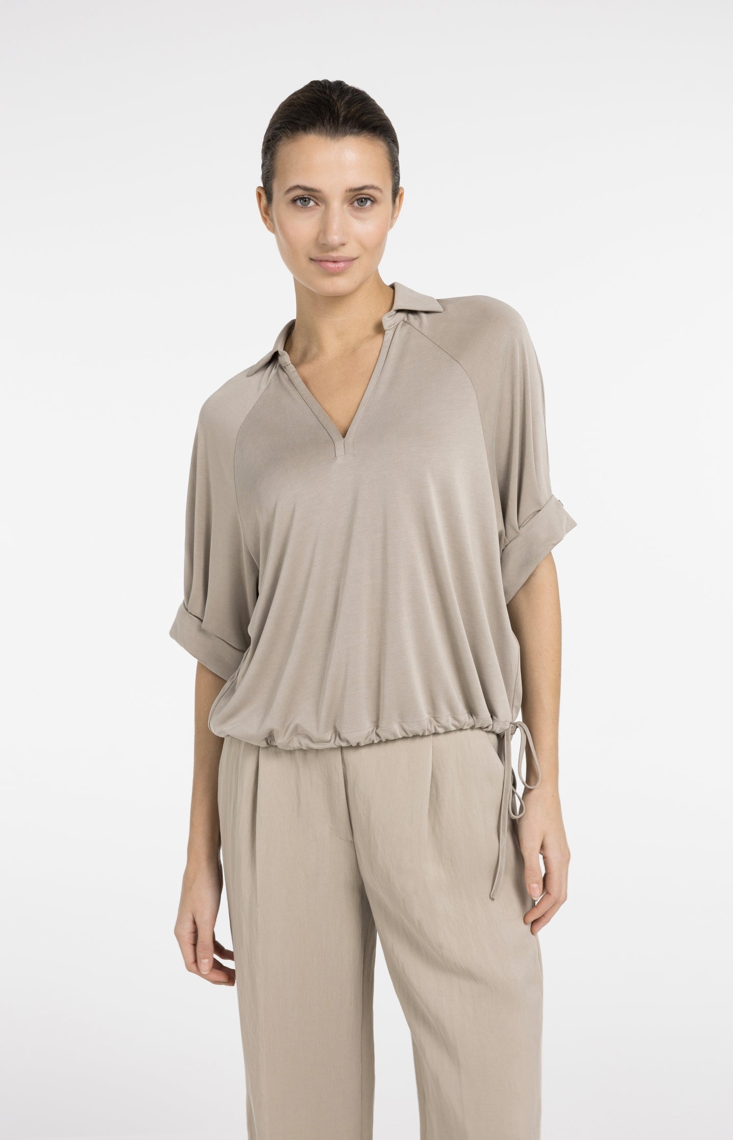 Jersey top with pleated sleeves