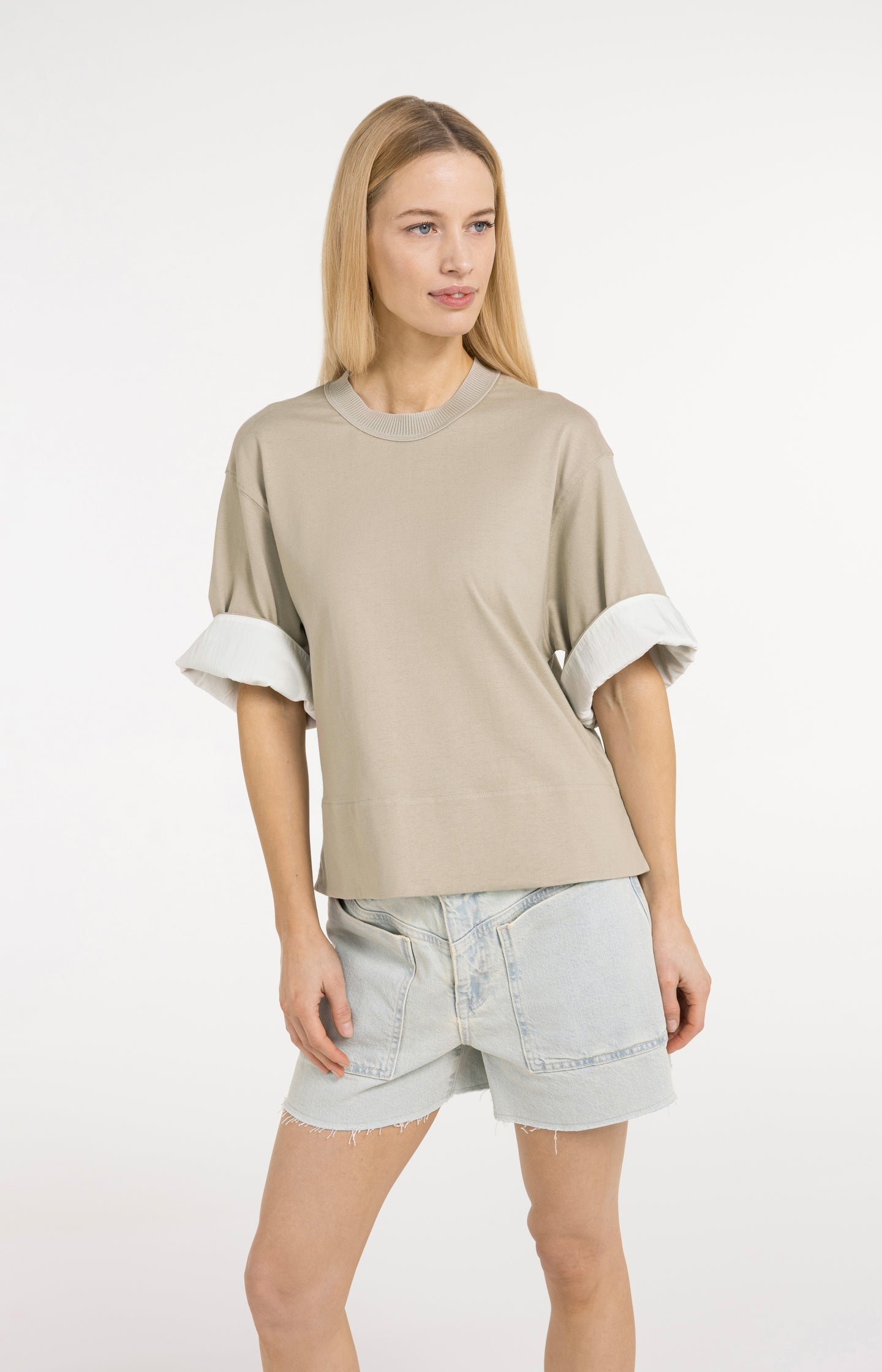 Jersey top with ribbed neckline and woven details