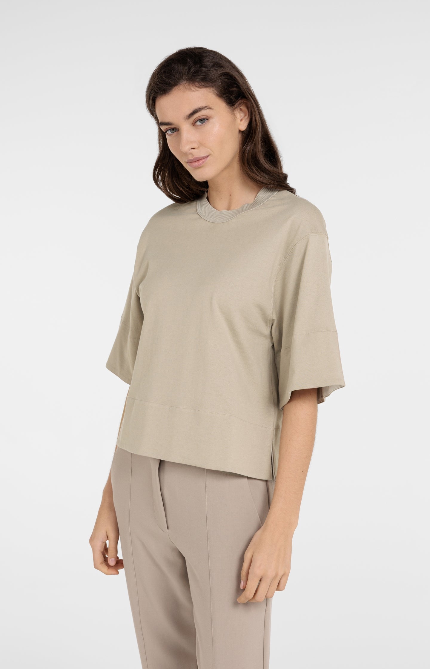 Jersey top with ribbed neckline and woven details