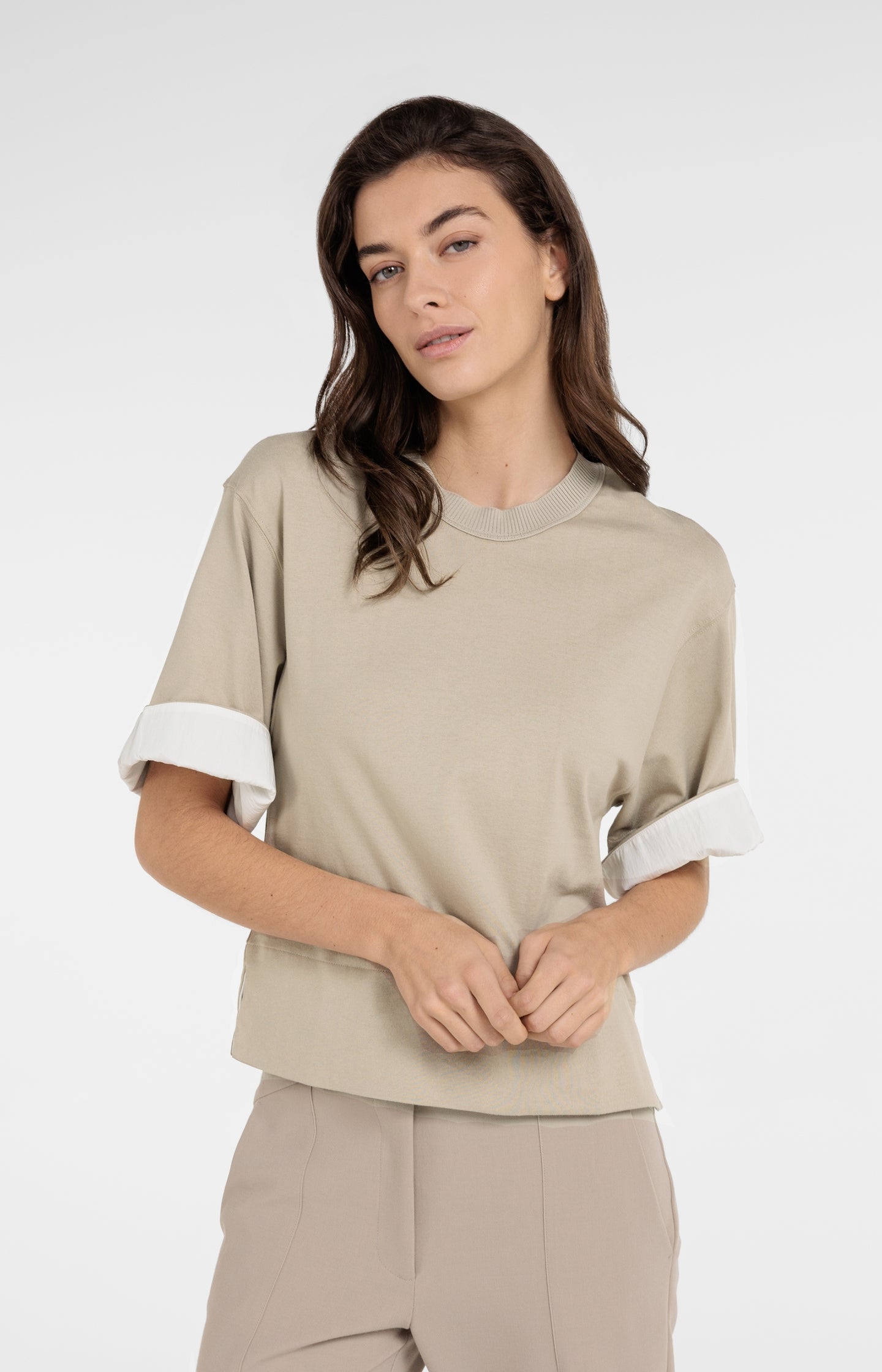 Jersey top with ribbed neckline and woven details