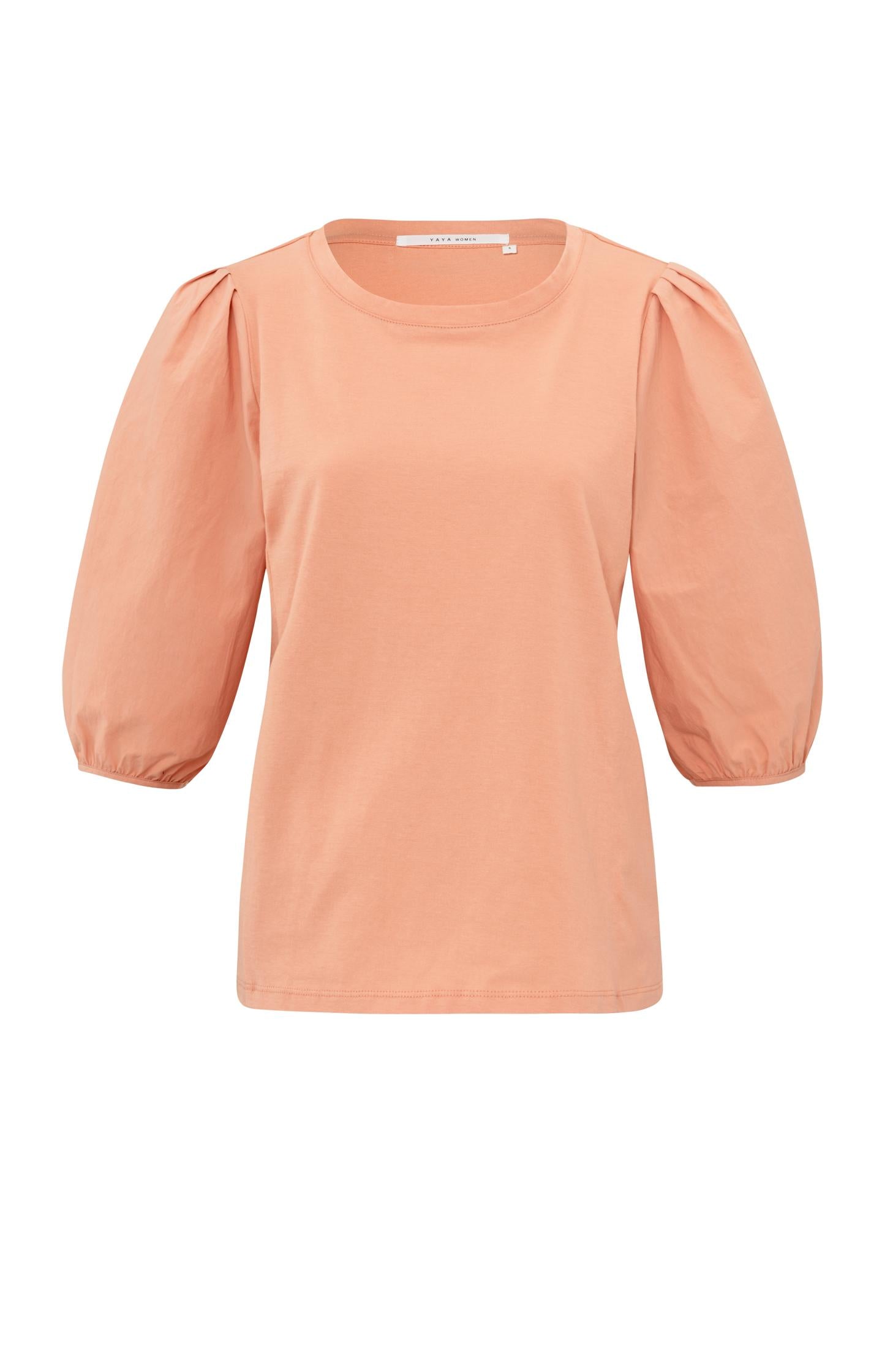 Jersey top with round neck and woven half long sleeves - Type: product