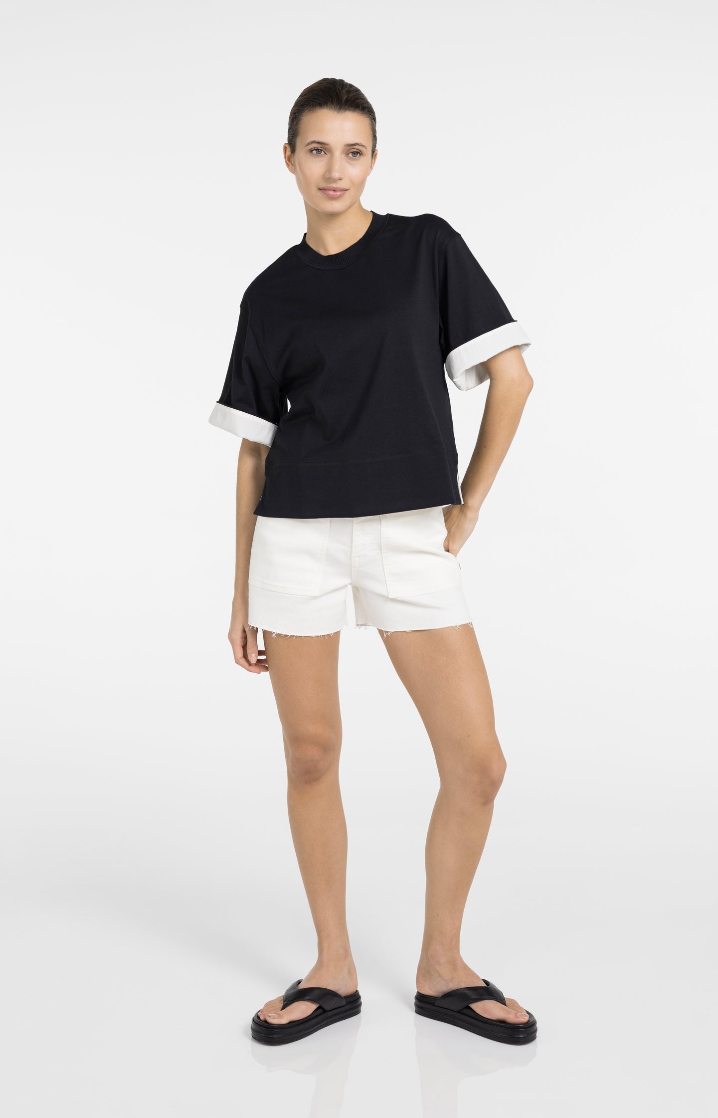 Jersey top with woven details and short sleeves