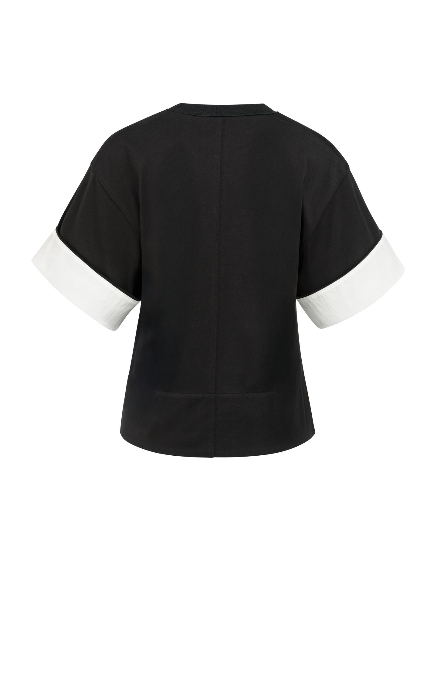 Jersey top with woven details and short sleeves