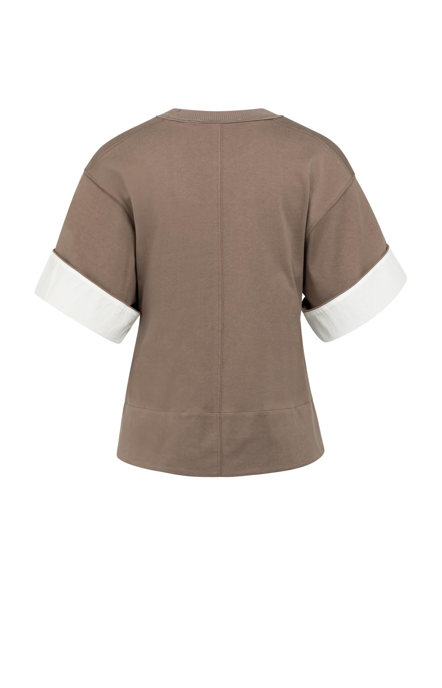 Jersey top with woven details and short sleeves