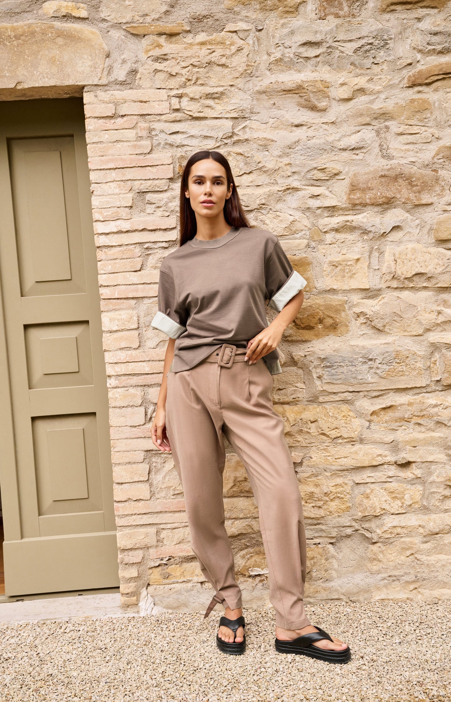 Jersey top with woven details and short sleeves