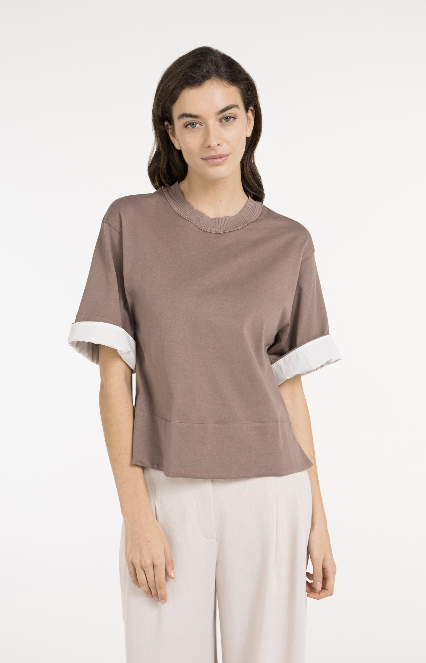 Jersey top with woven details and short sleeves