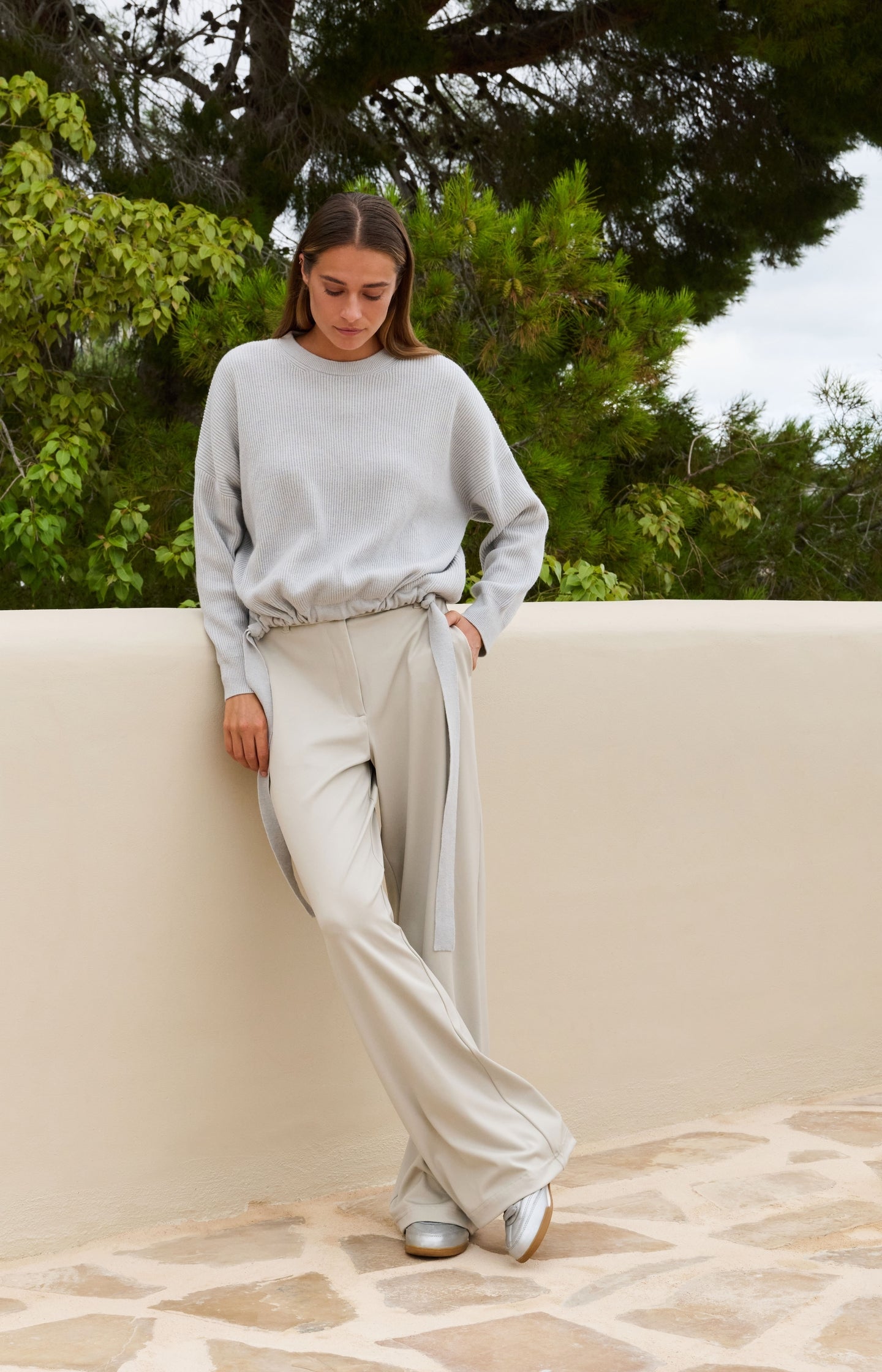 Jersey trousers with elastic waistband and wide legs
