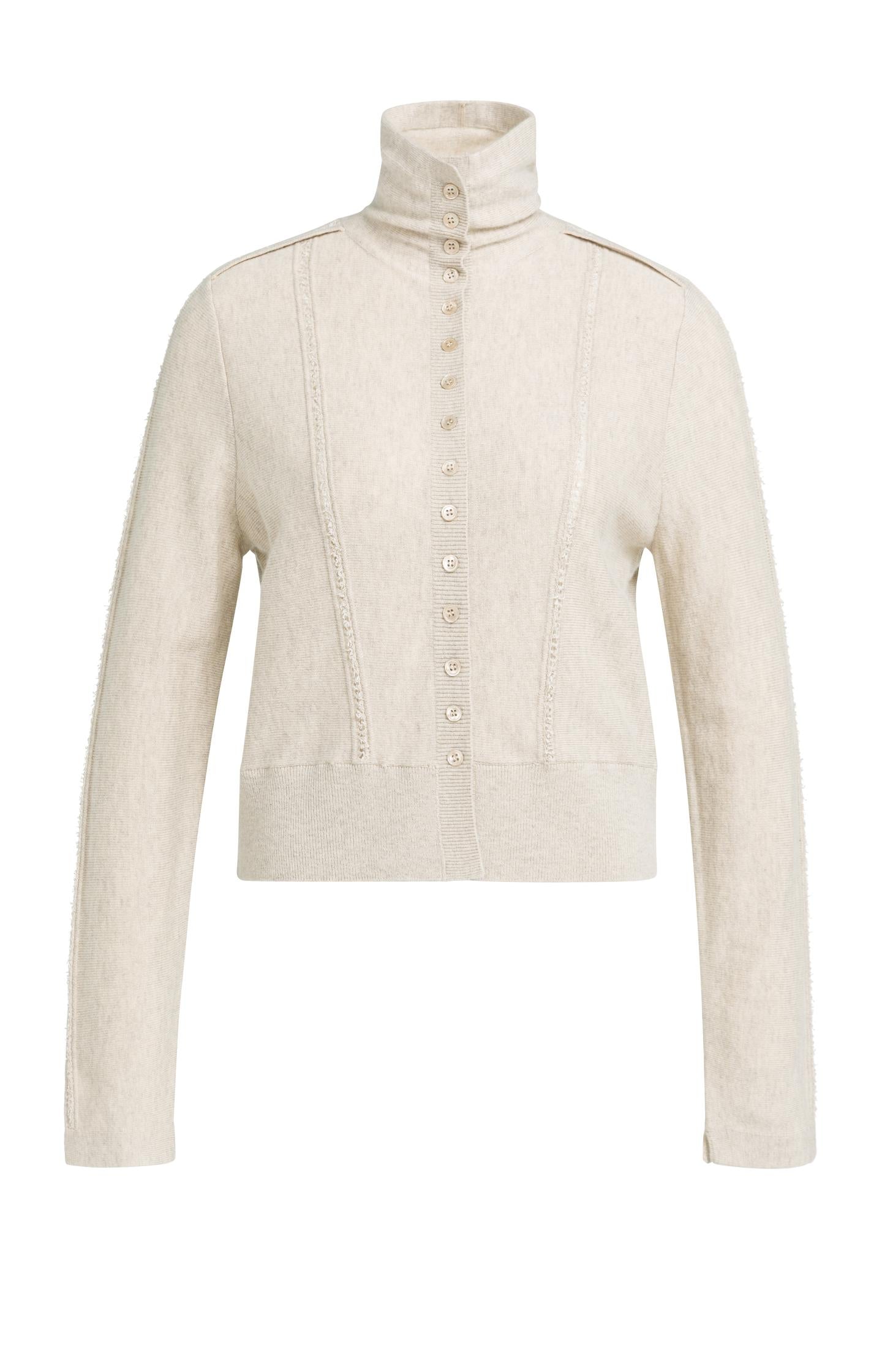 Knitted cardigan with high collar and button closure