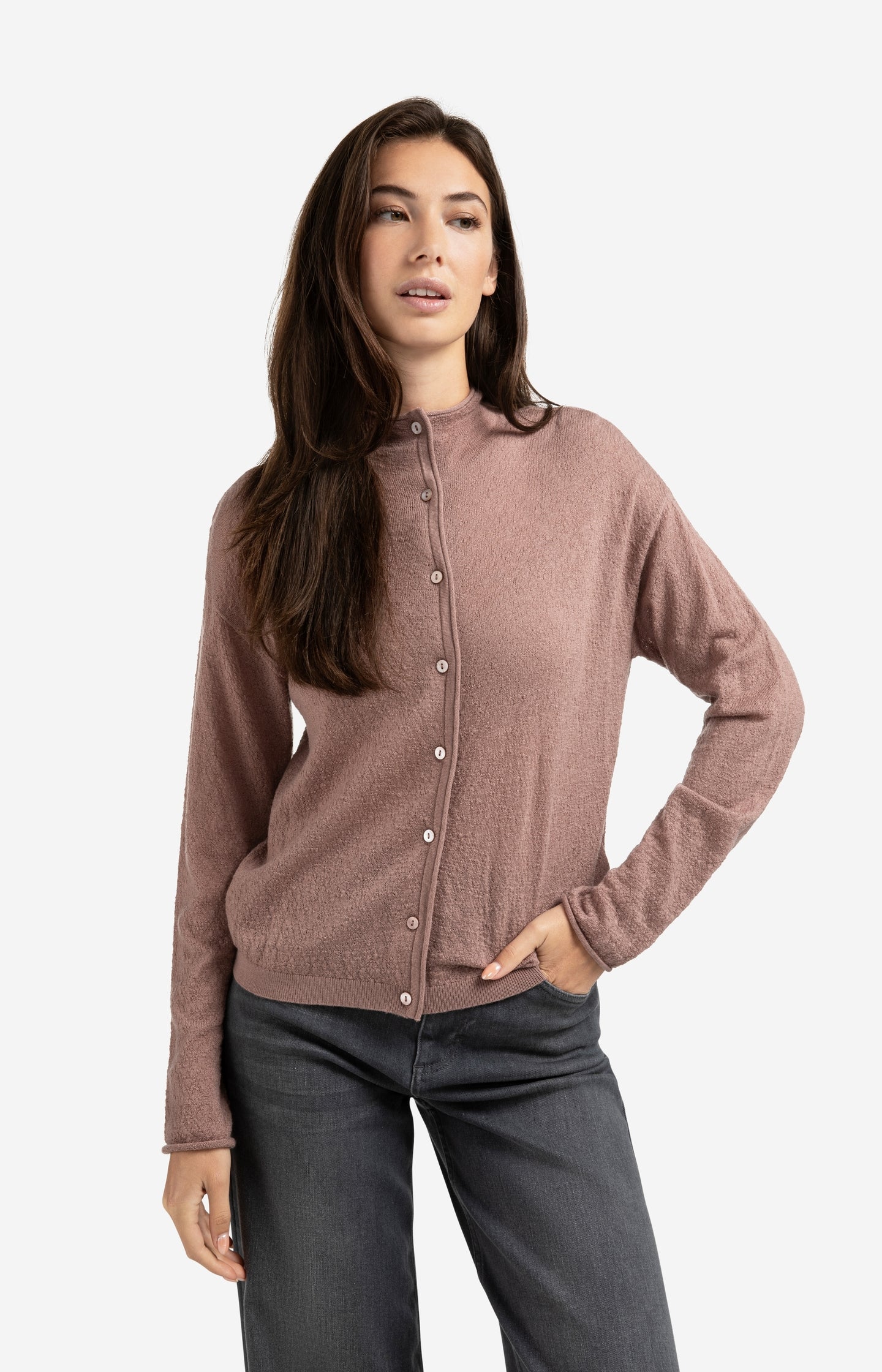 Knitted cardigan with high neckline and button closure