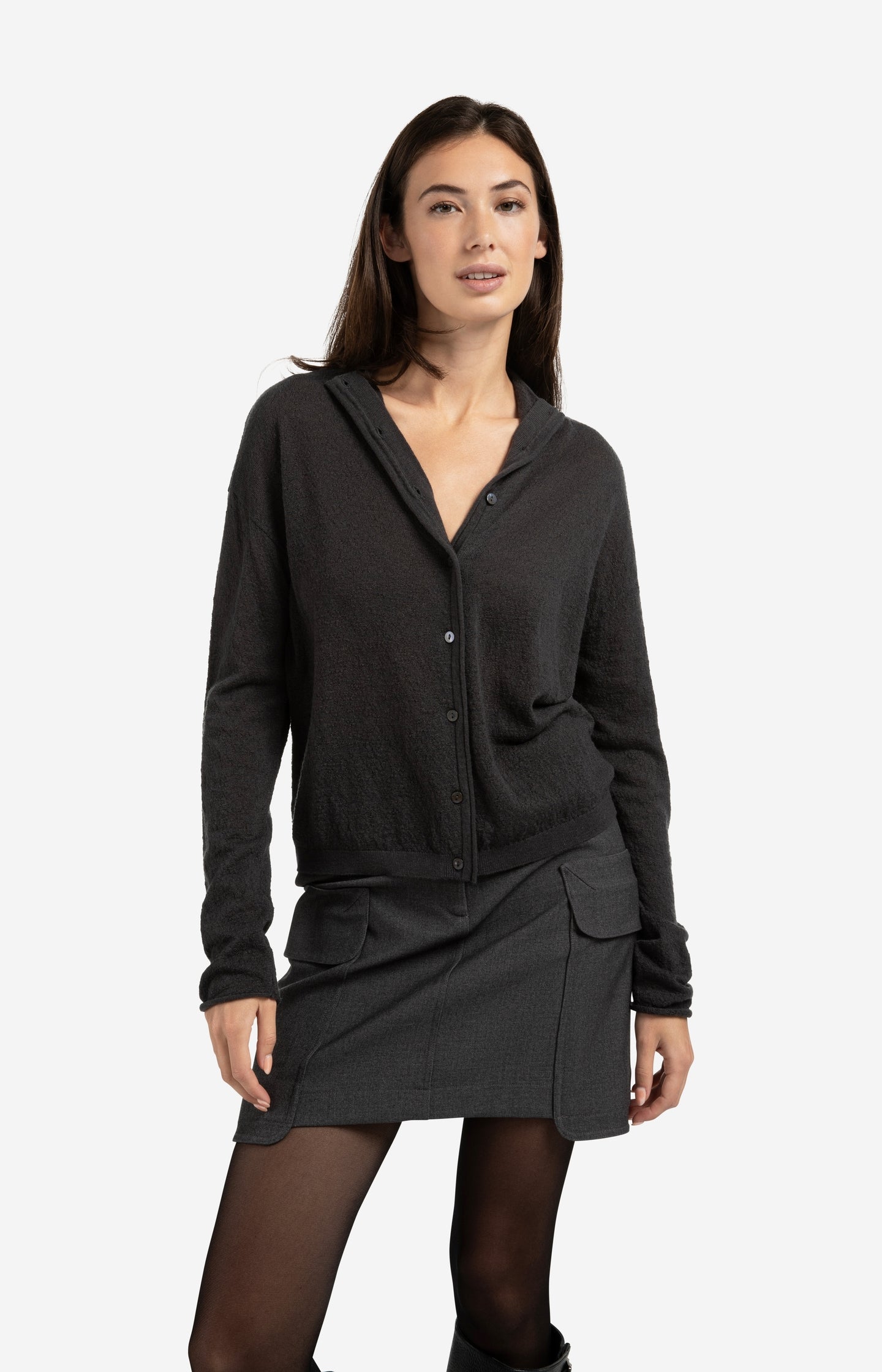 Knitted cardigan with high neckline and button closure