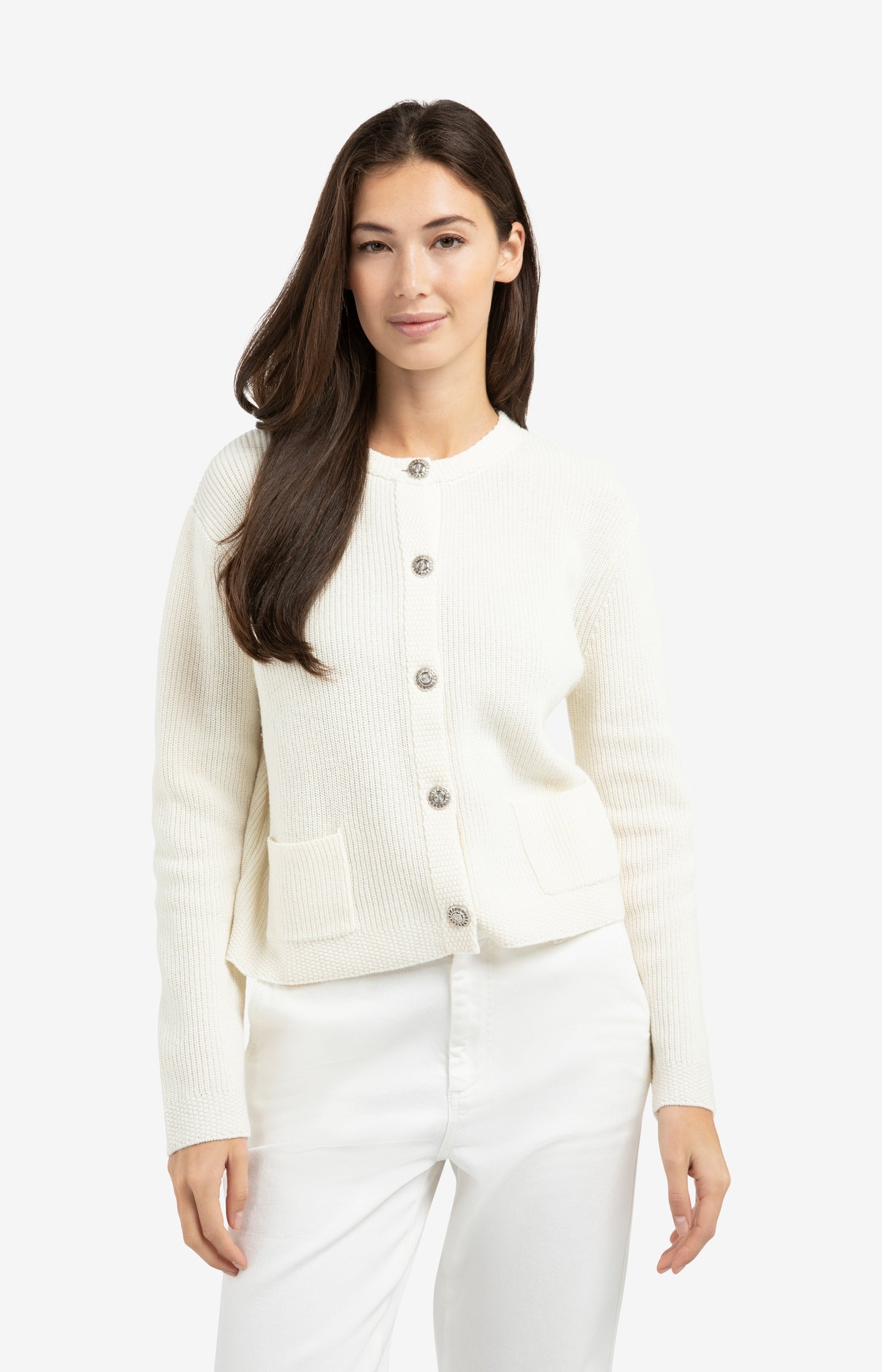 Knitted cardigan with round neck and decorative buttons - Type: lookbook