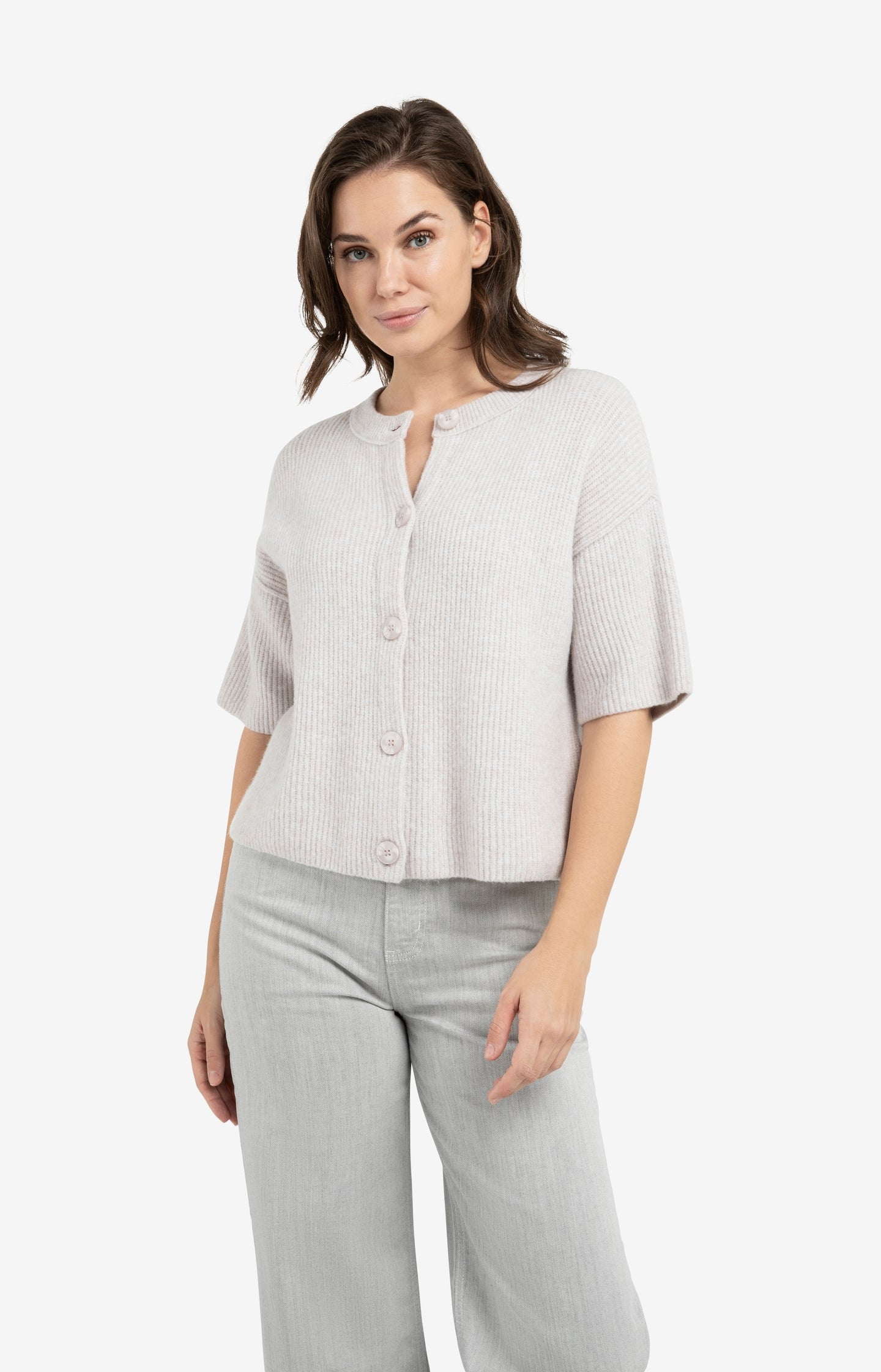 Knitted cardigan with wide short sleeves and buttons
