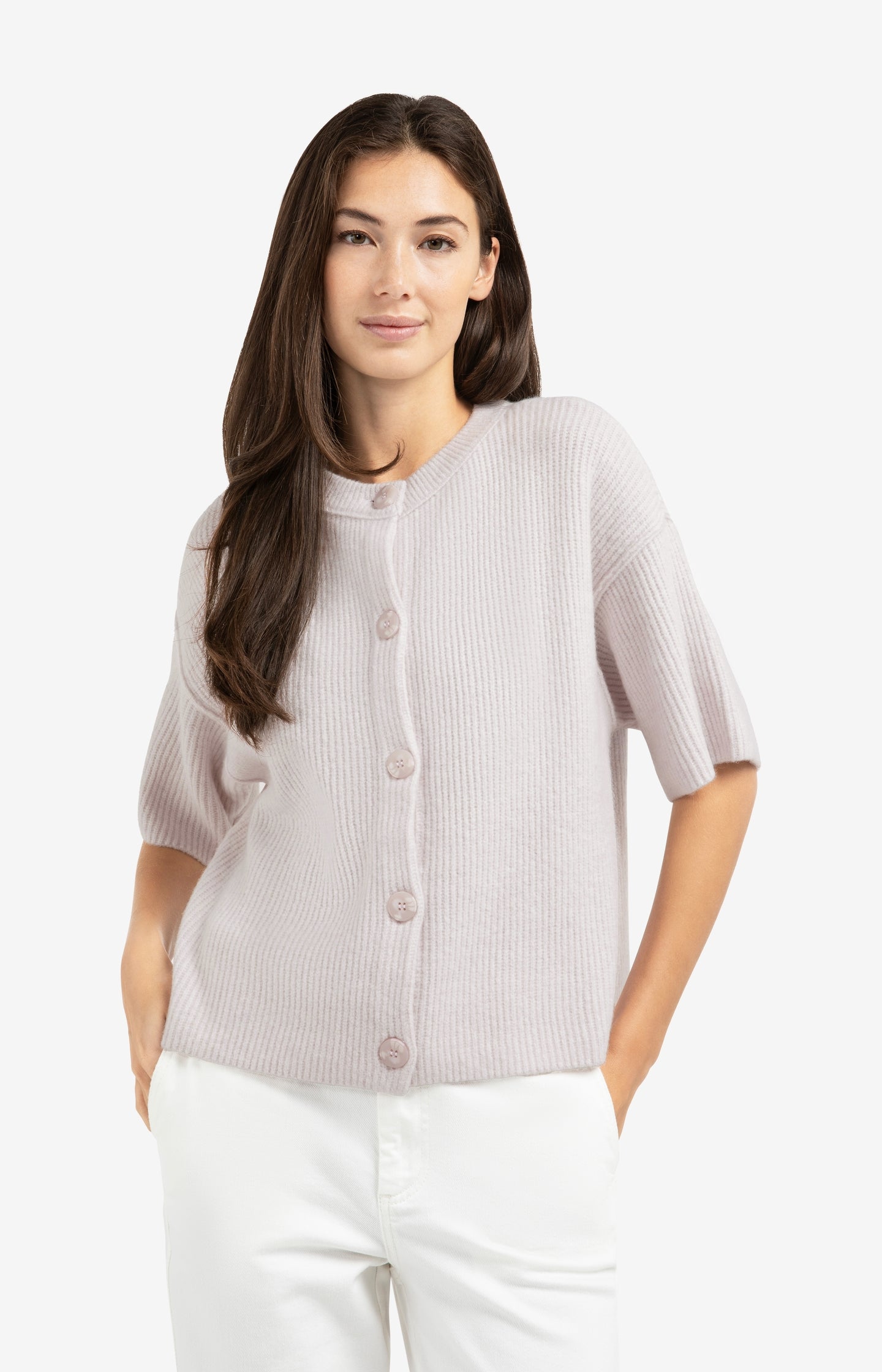 Knitted cardigan with wide short sleeves and buttons