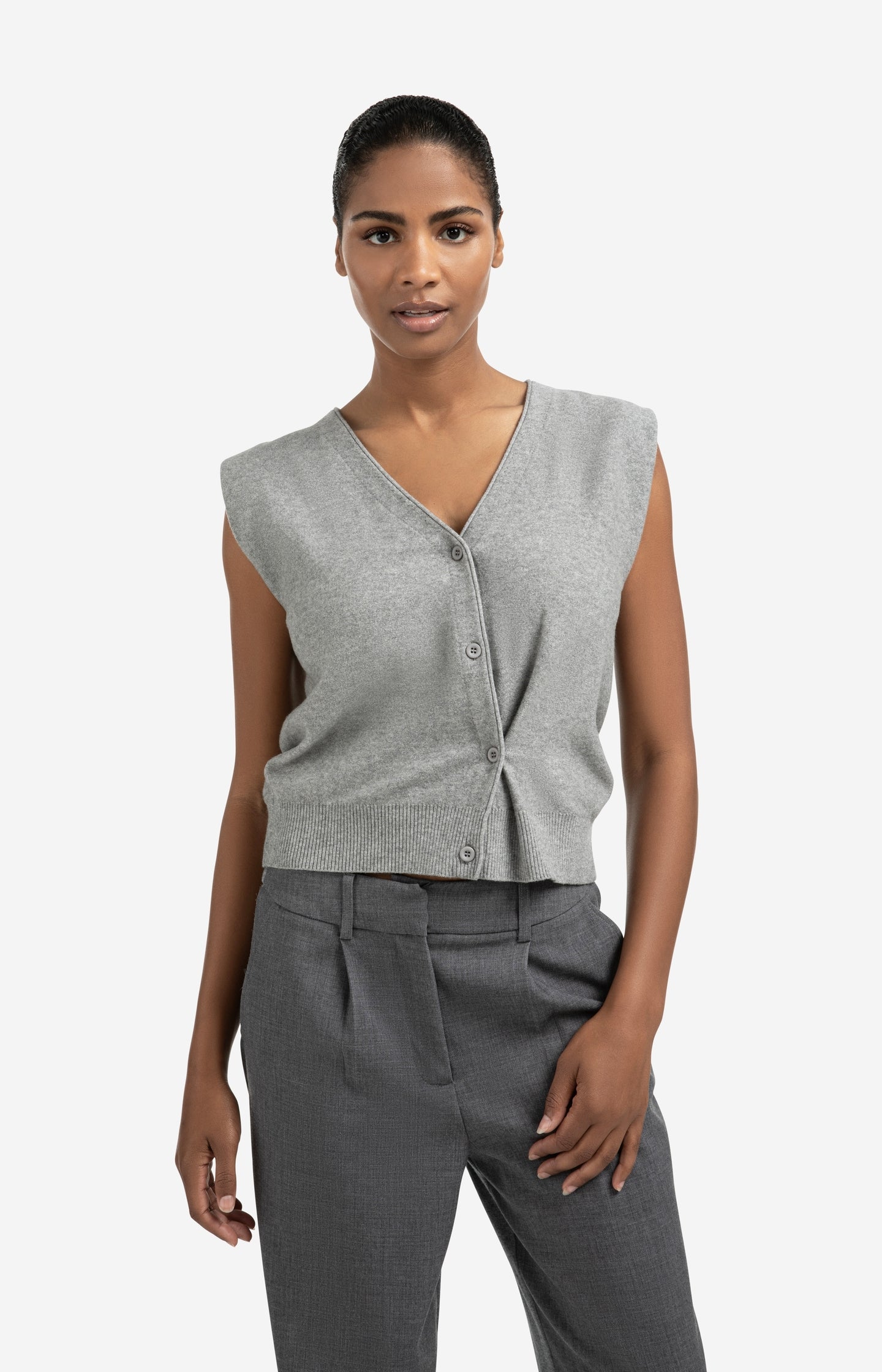 Knitted gilet with V-neck and asymmetric buttoning - Type: lookbook
