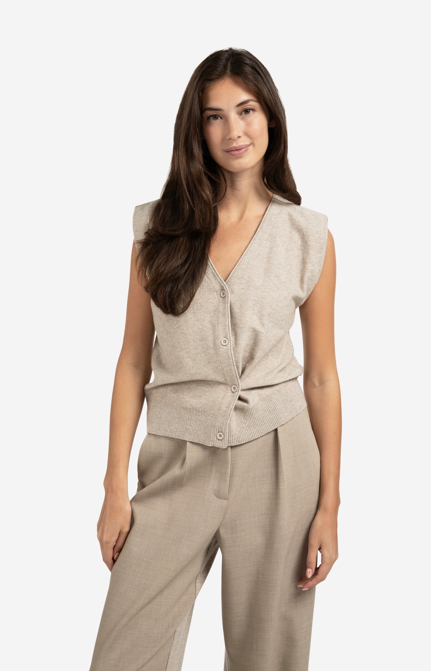 Knitted gilet with V-neck and asymmetric buttoning