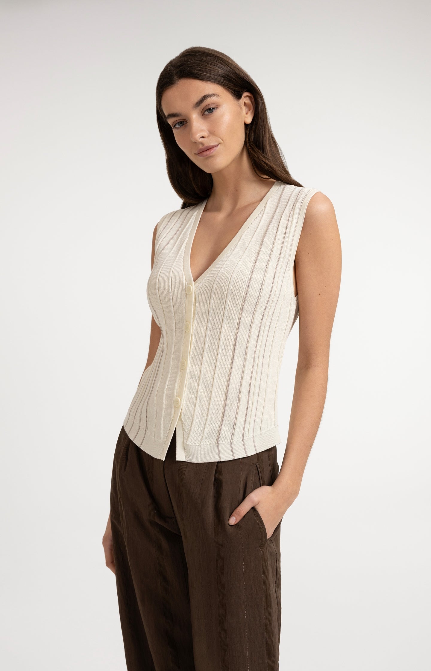 Knitted gilet with V-neck and stripe design - Type: lookbook
