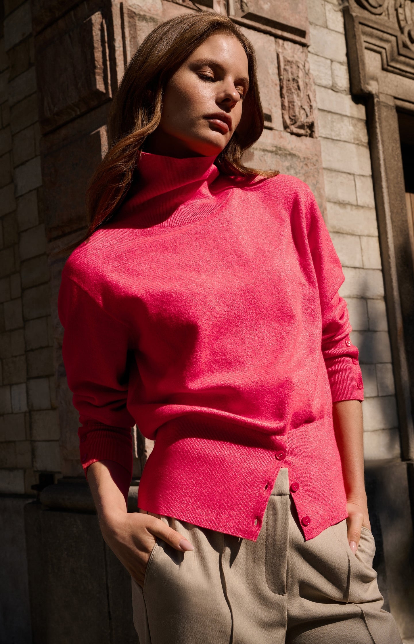 Knitted high neck sweater with button details