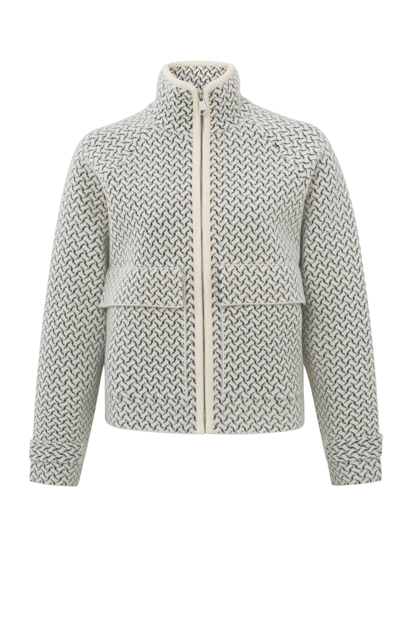 Knitted jacket with a woven print, long sleeves and zipper - Type: product