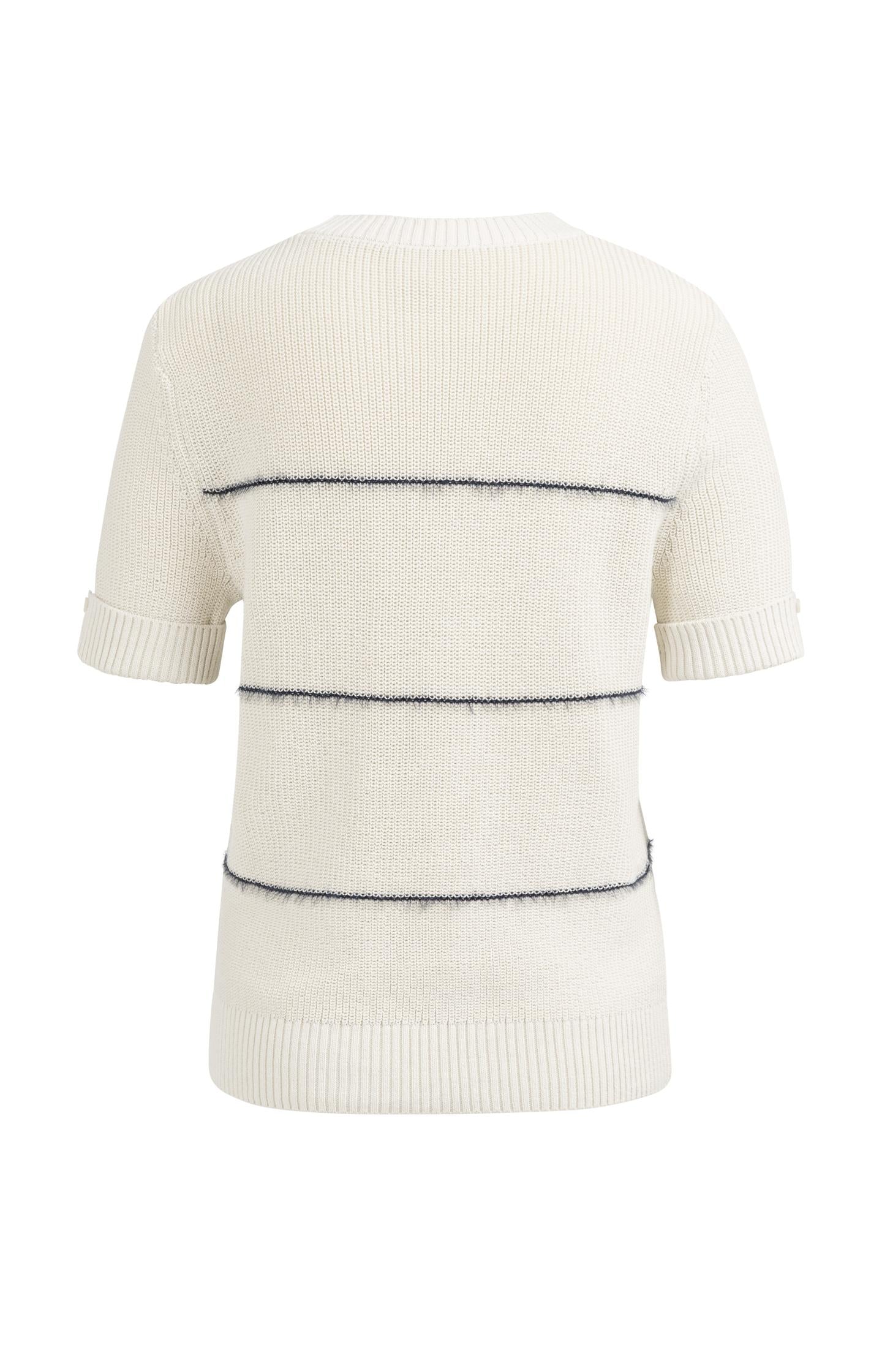 Knitted short sleeve sweater with fuzzy stripes