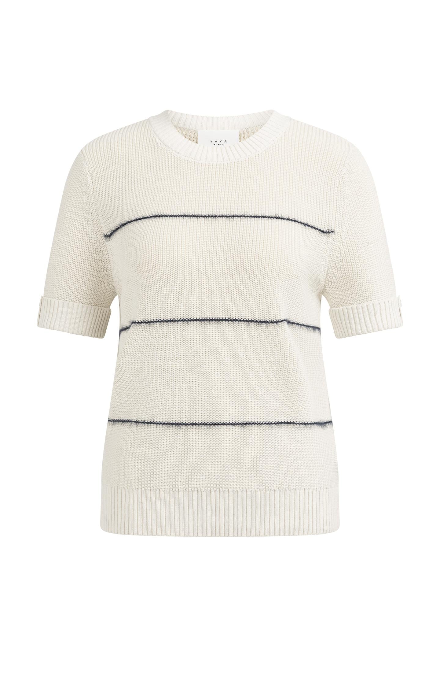 Knitted short sleeve sweater with fuzzy stripes