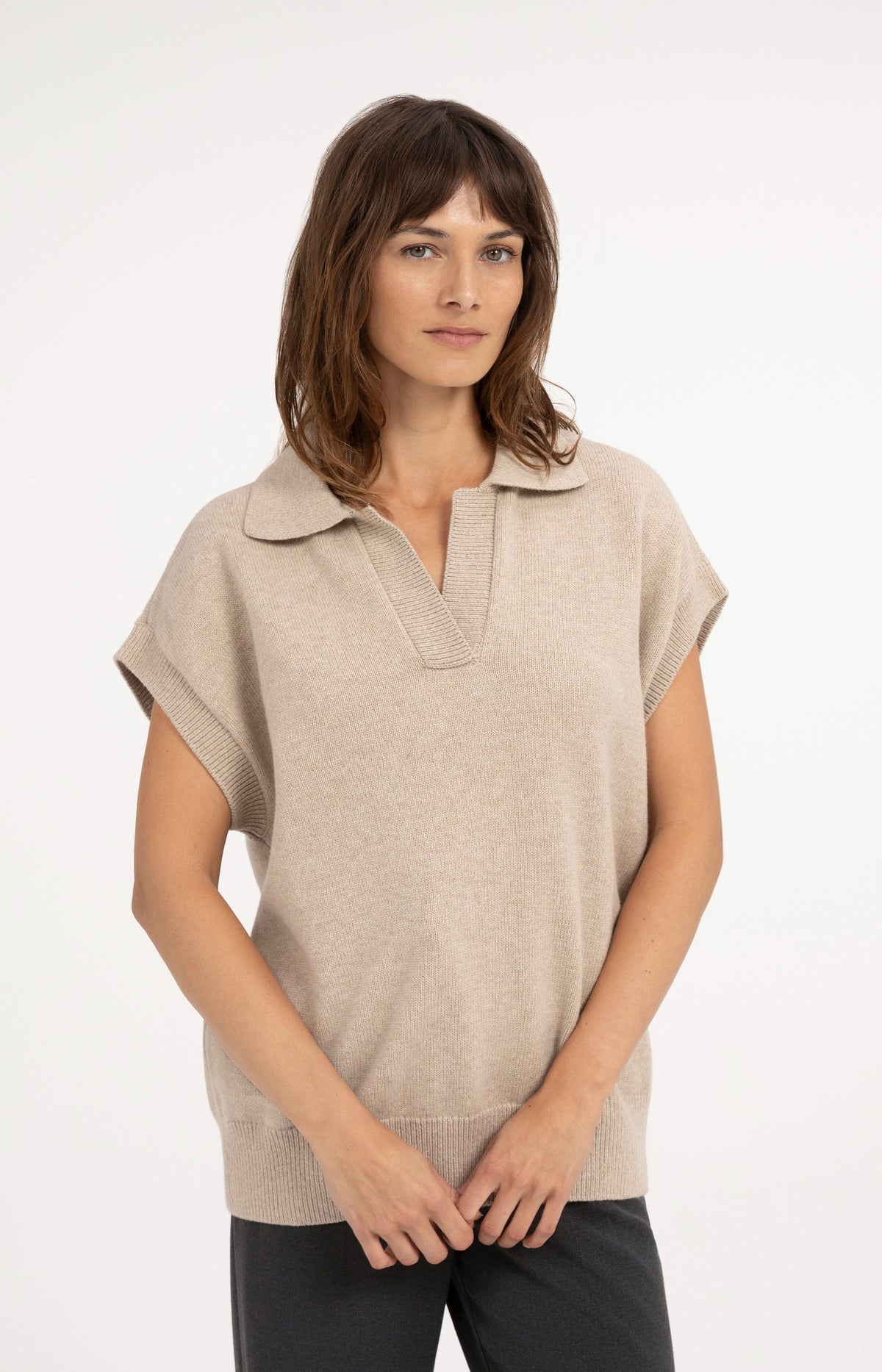 Knitted spencer tunic with collar - Beige