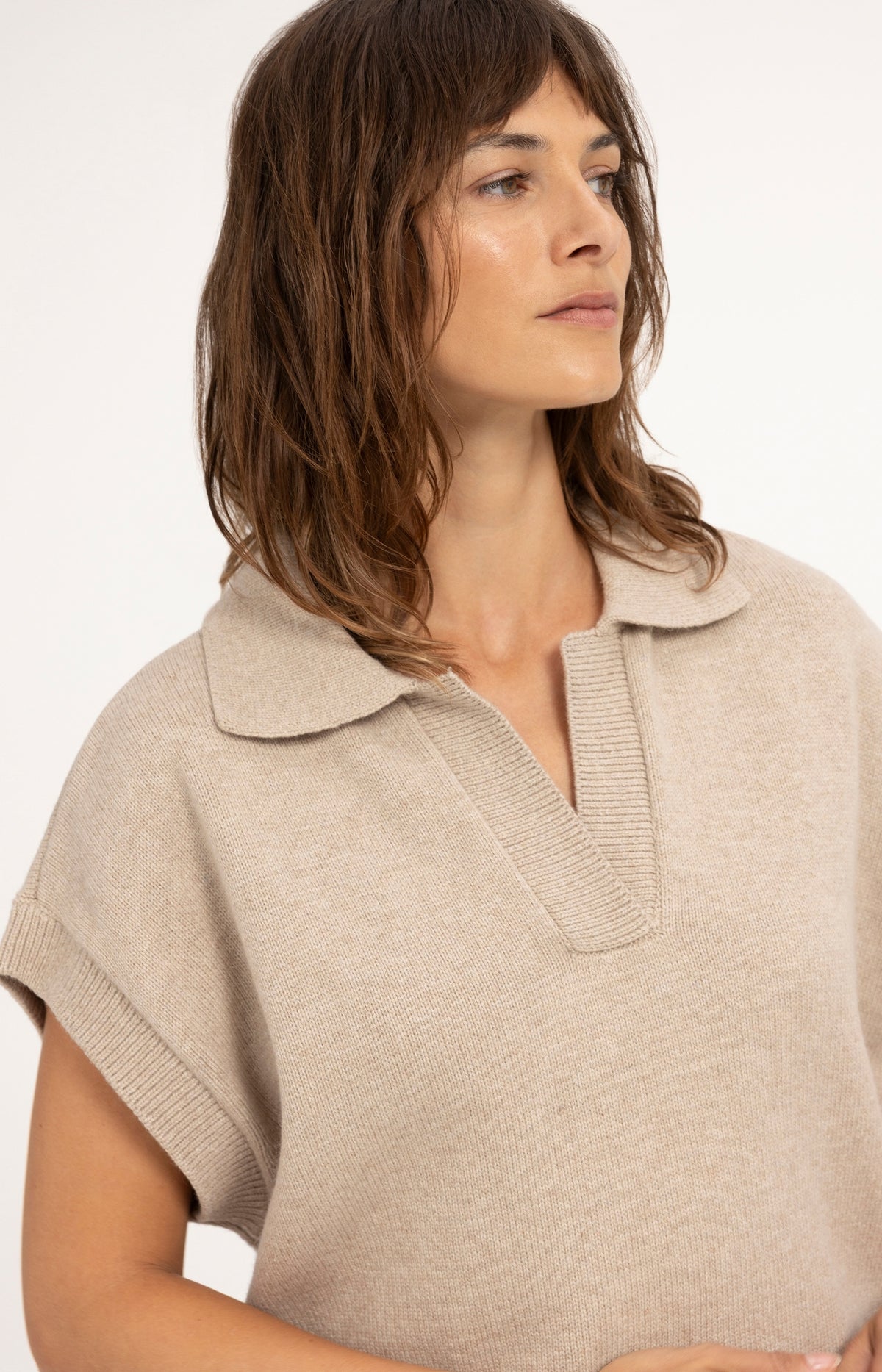 Knitted spencer tunic with collar - Beige