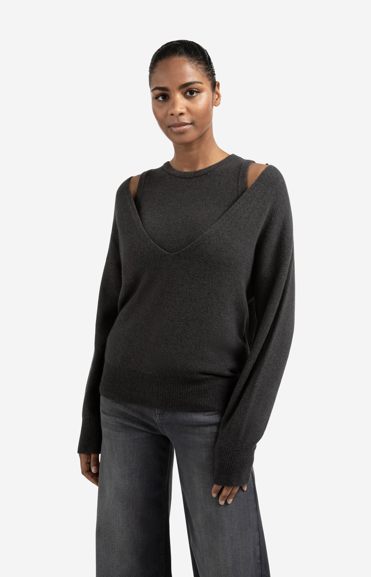 Knitted sweater with deep V-neck and layered top - Type: lookbook
