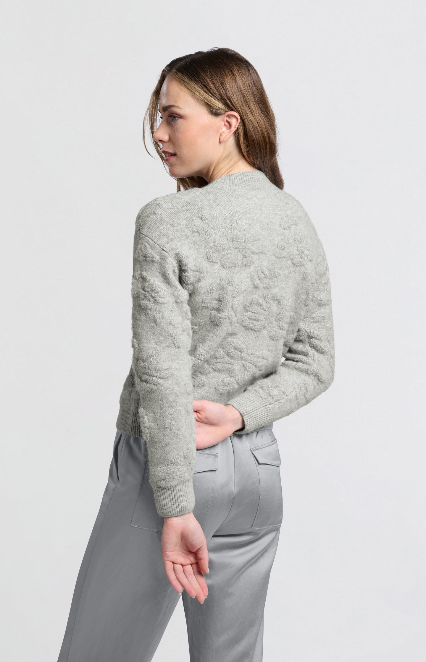 Knitted sweater with floral jacquard and round neck