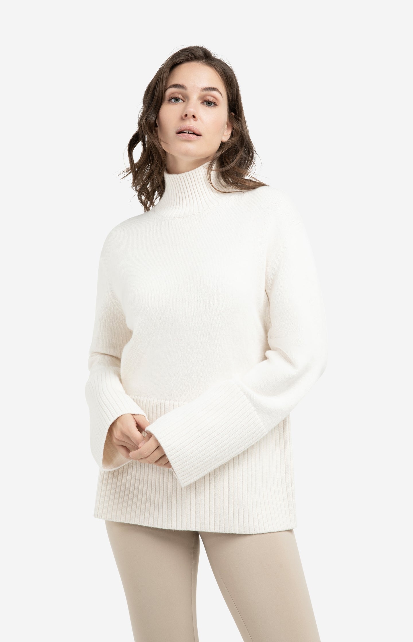 Knitted sweater with high neck and wide rib trims