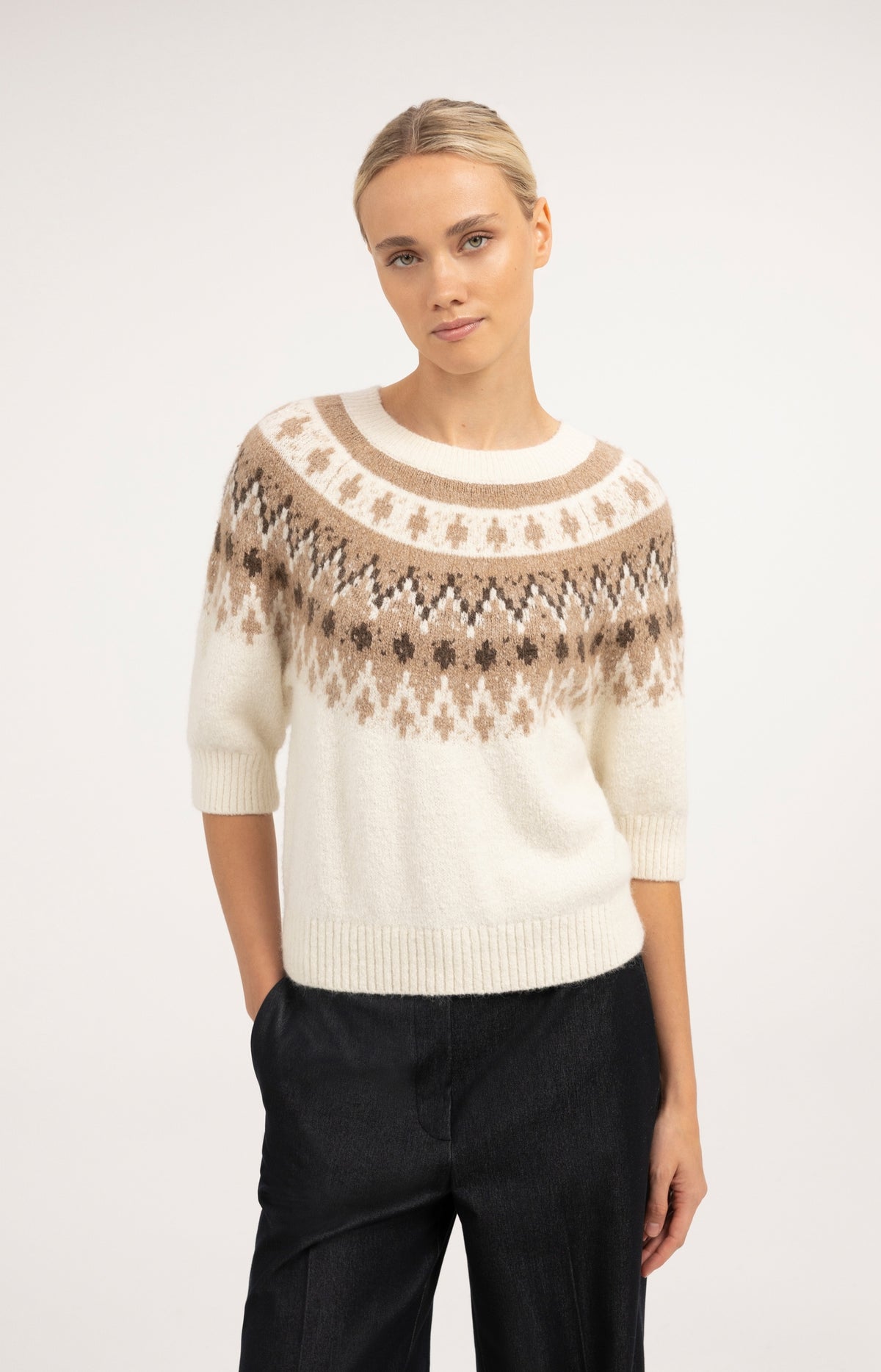 Strickpullover mit nordischem Jacquardmuster - Dark Beige Melange
