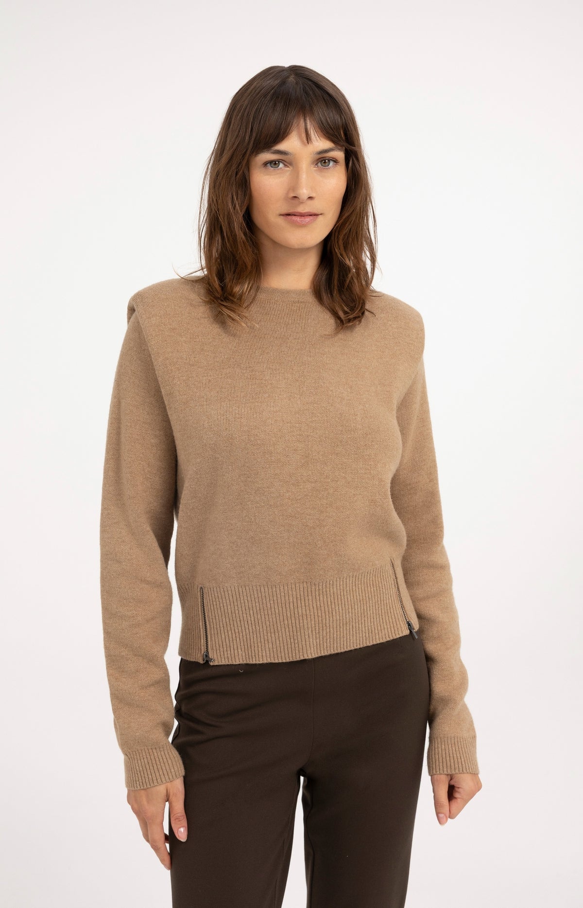 Strickpullover mit Schulterdetail und Reißverschlüssen - Cornstalk Brown Melange