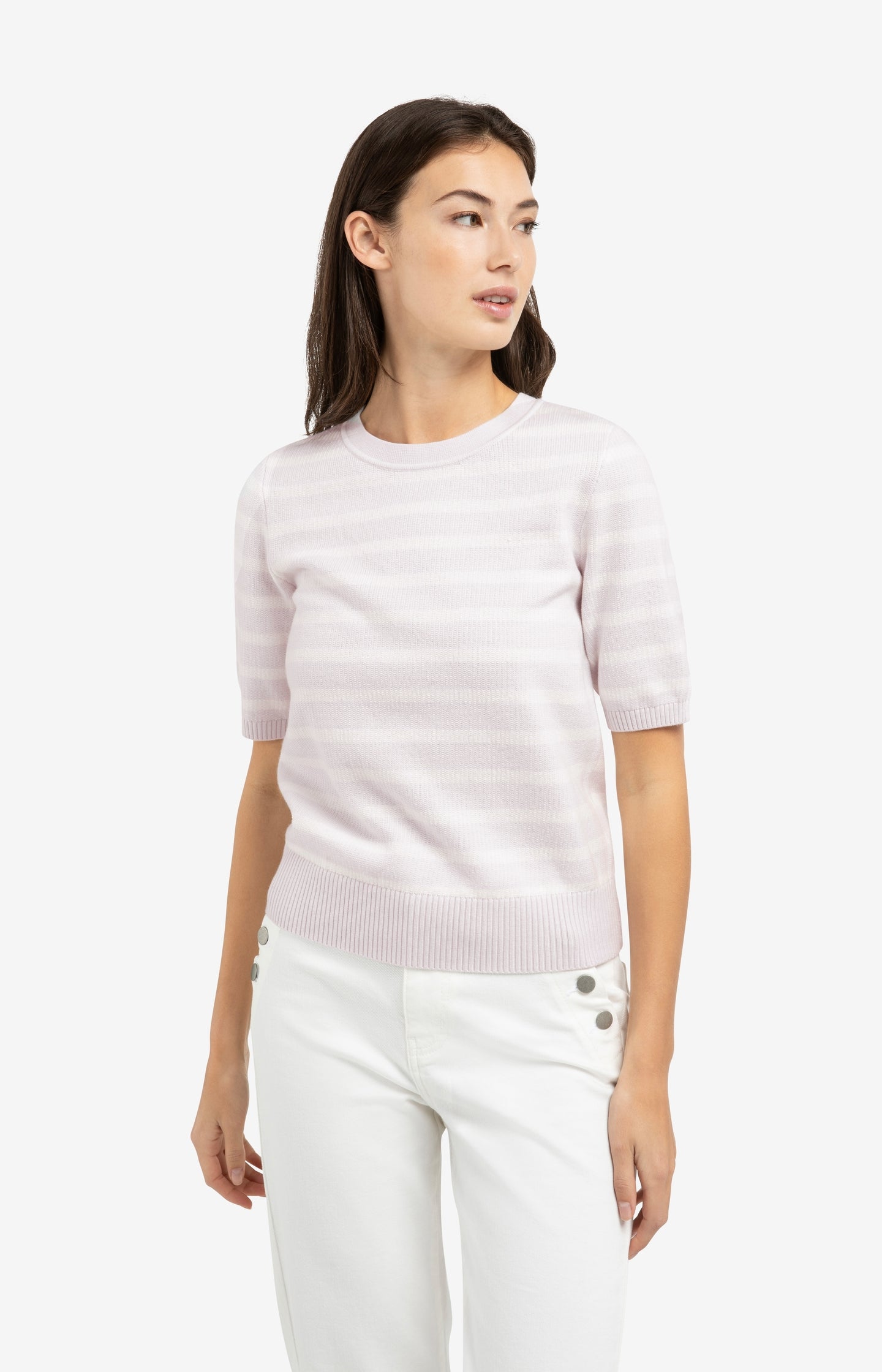 Knitted sweater with stripe pattern and short sleeves