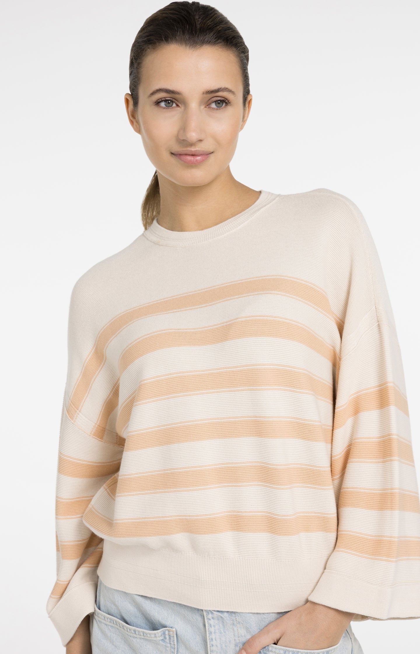 Knitted sweater with stripes and wide sleeves
