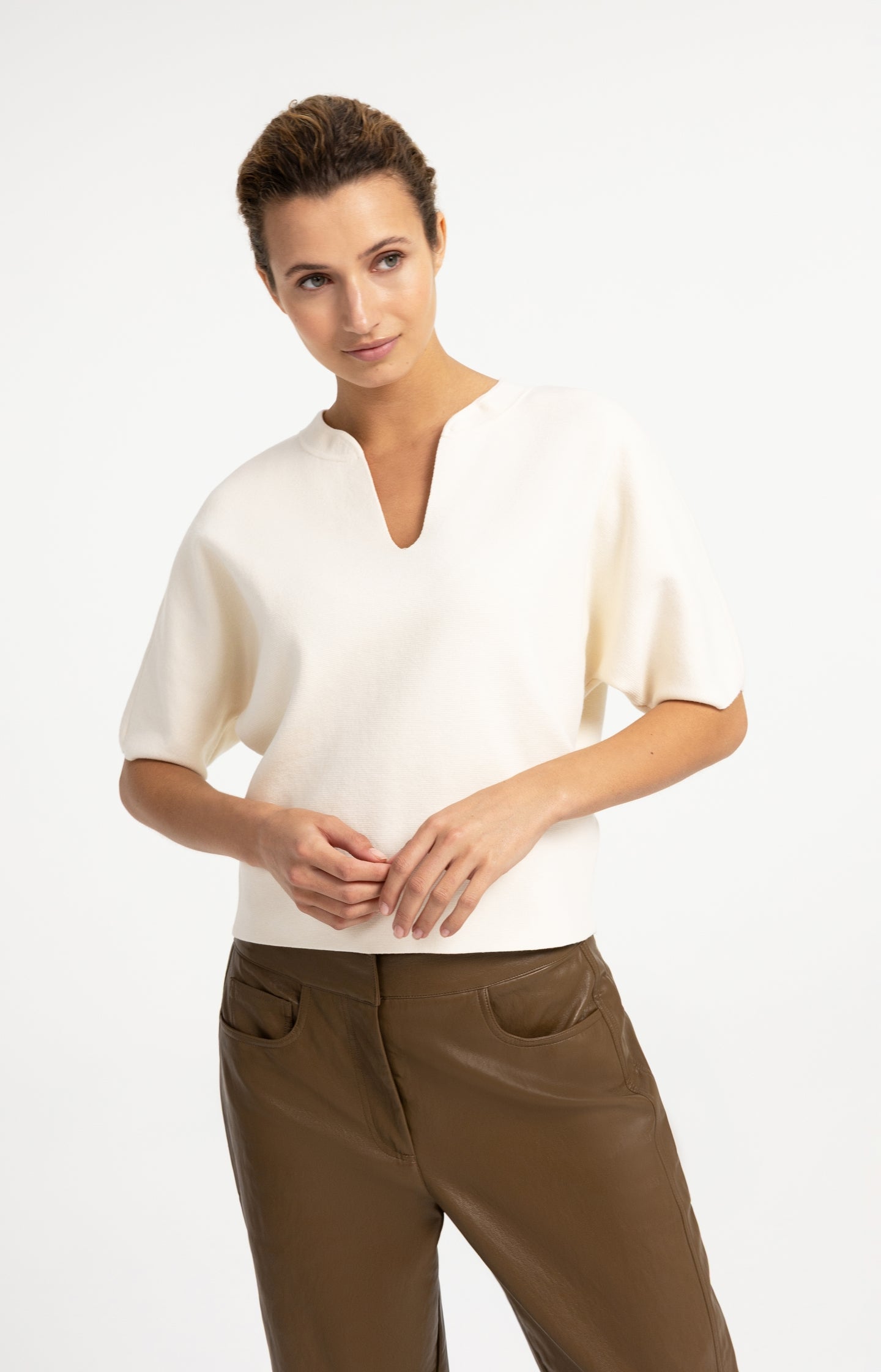 Knitted top with bomber collar and short sleeves
