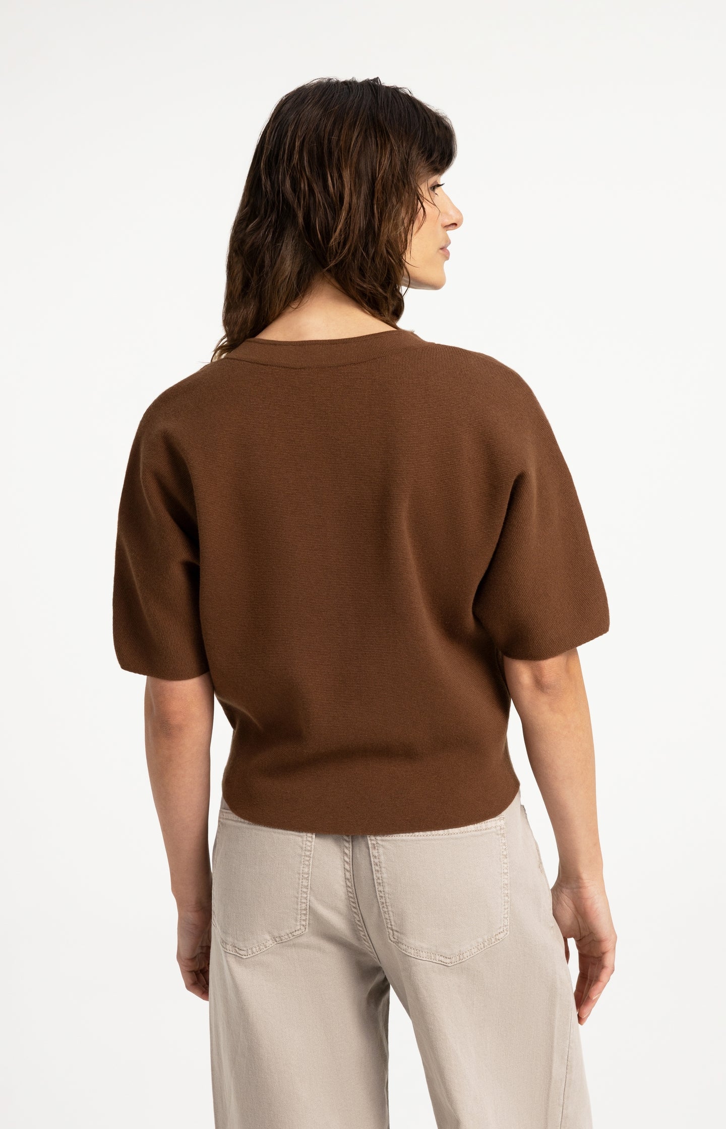 Knitted top with bomber collar and short sleeves