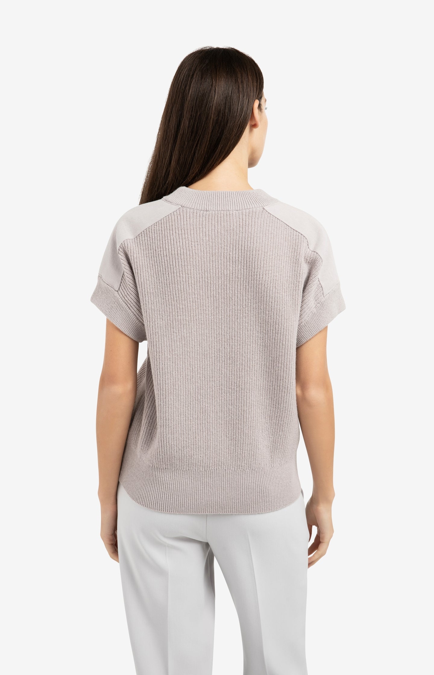 Knitted top with woven shoulder details