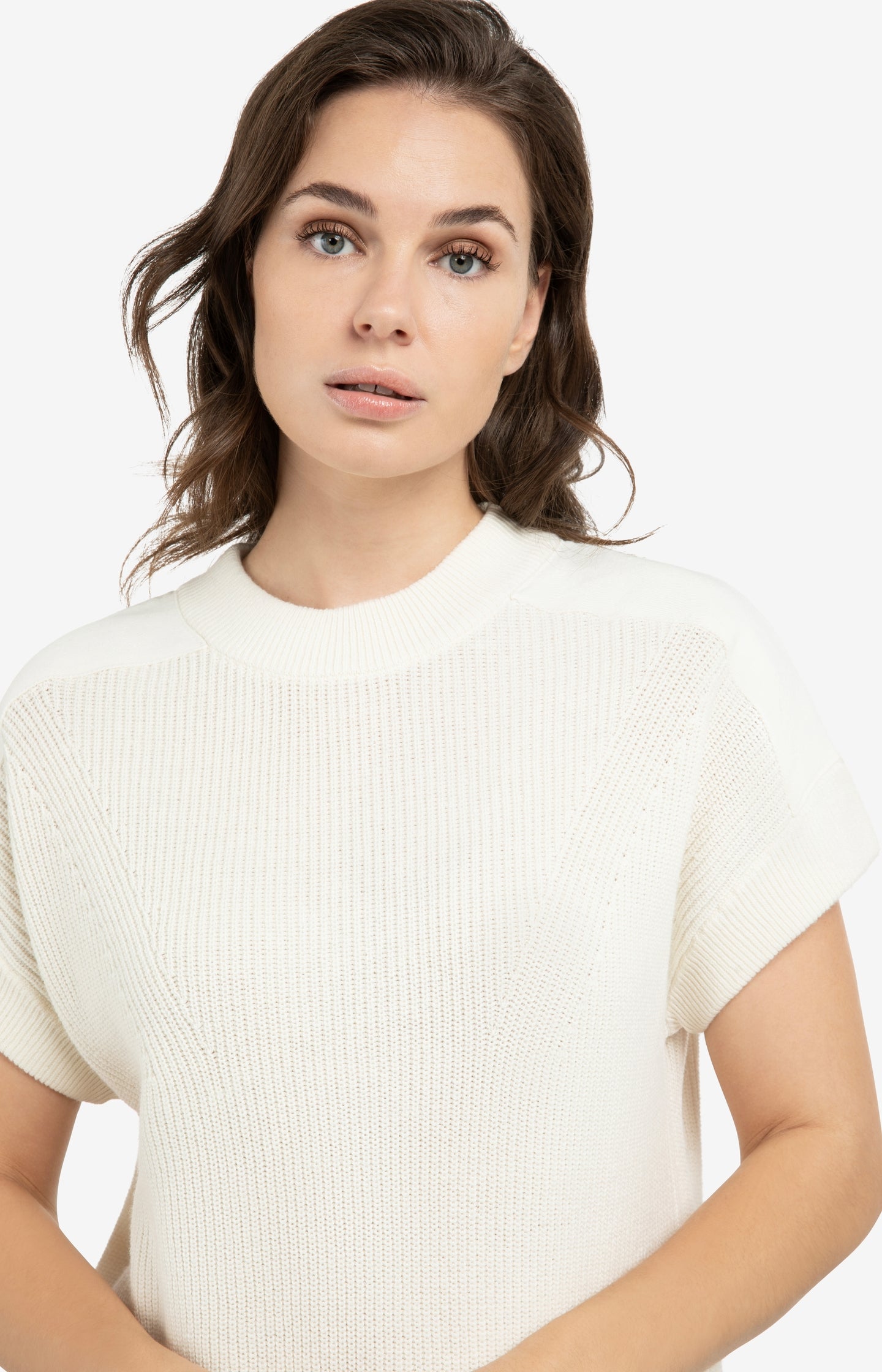 Knitted top with woven shoulder details
