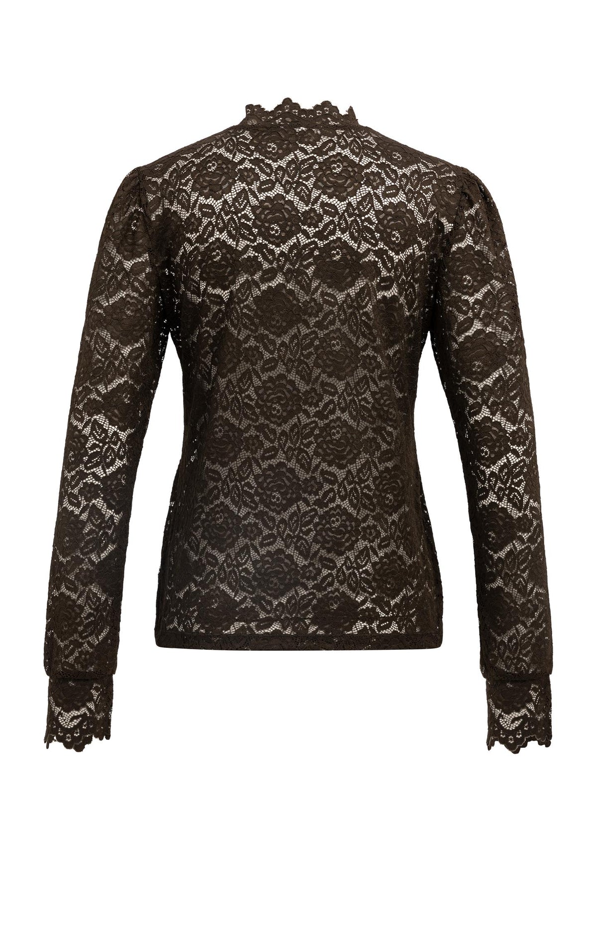 Lace top with high neck and long sleeves - Brown