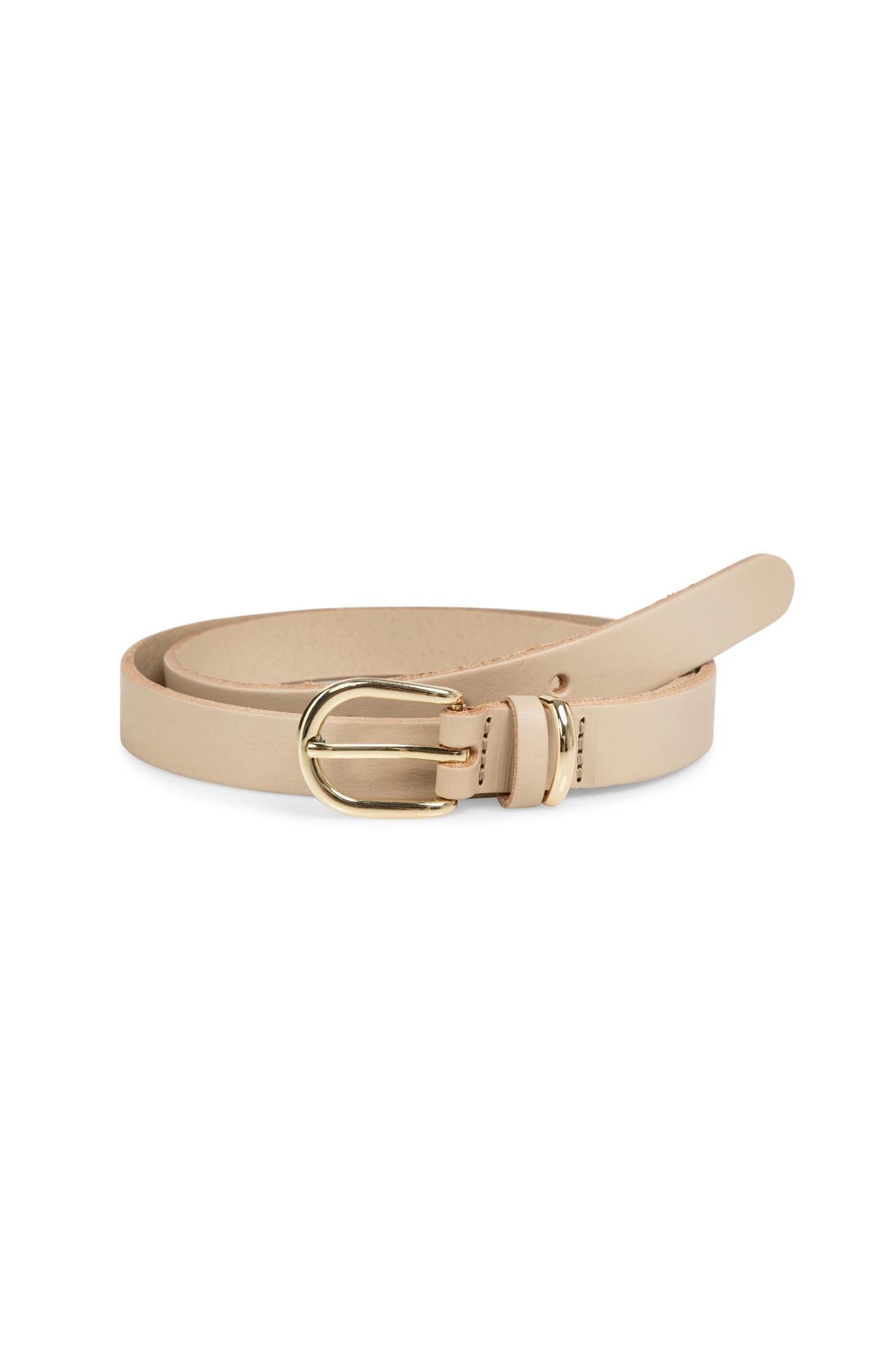 Leather belt with round buckle and metal loop