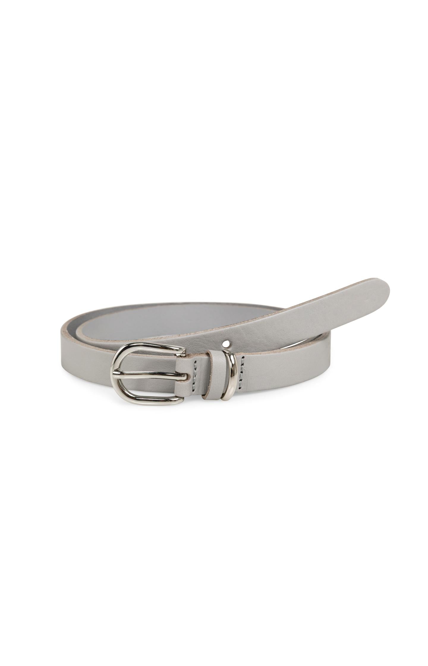 Leather belt with round buckle and metal loop