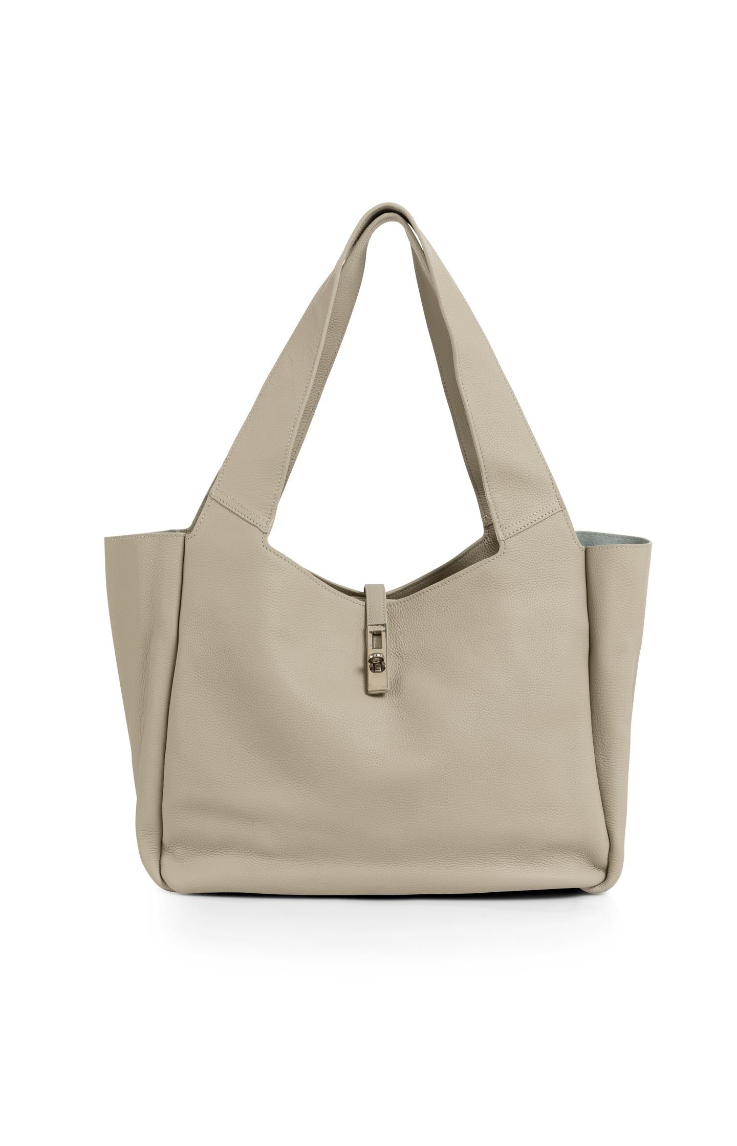 Leather shopper with wide handles and twist lock - Type: product