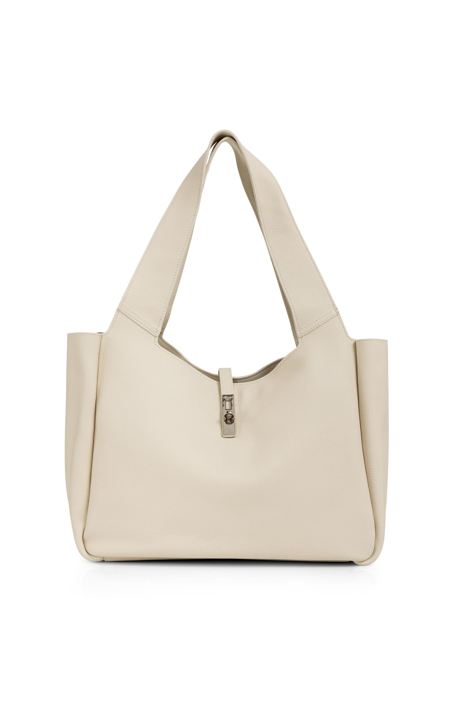 Leather shopper with wide handles and twist lock - Type: product