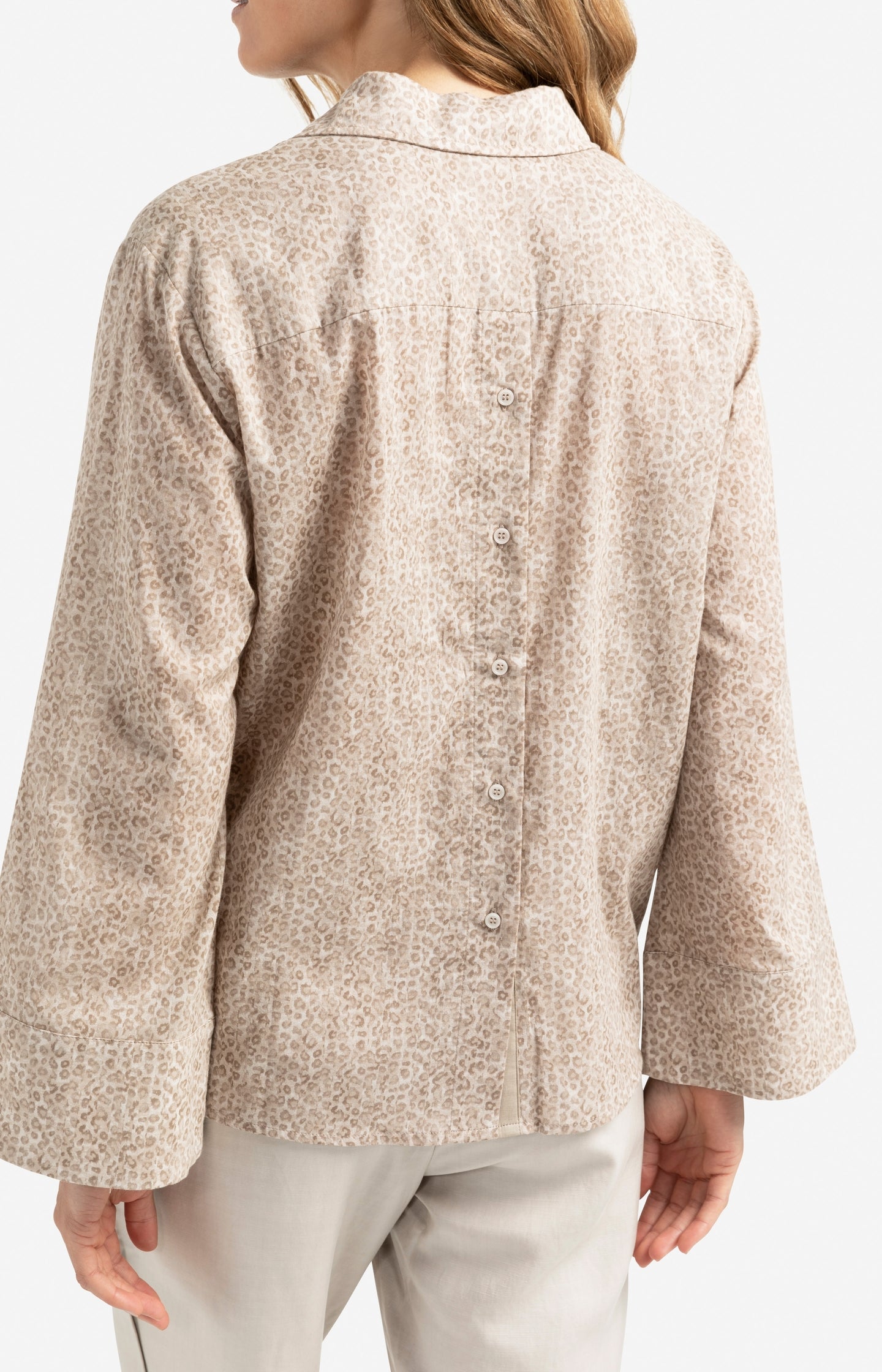 Leopard print blouse with back button detail