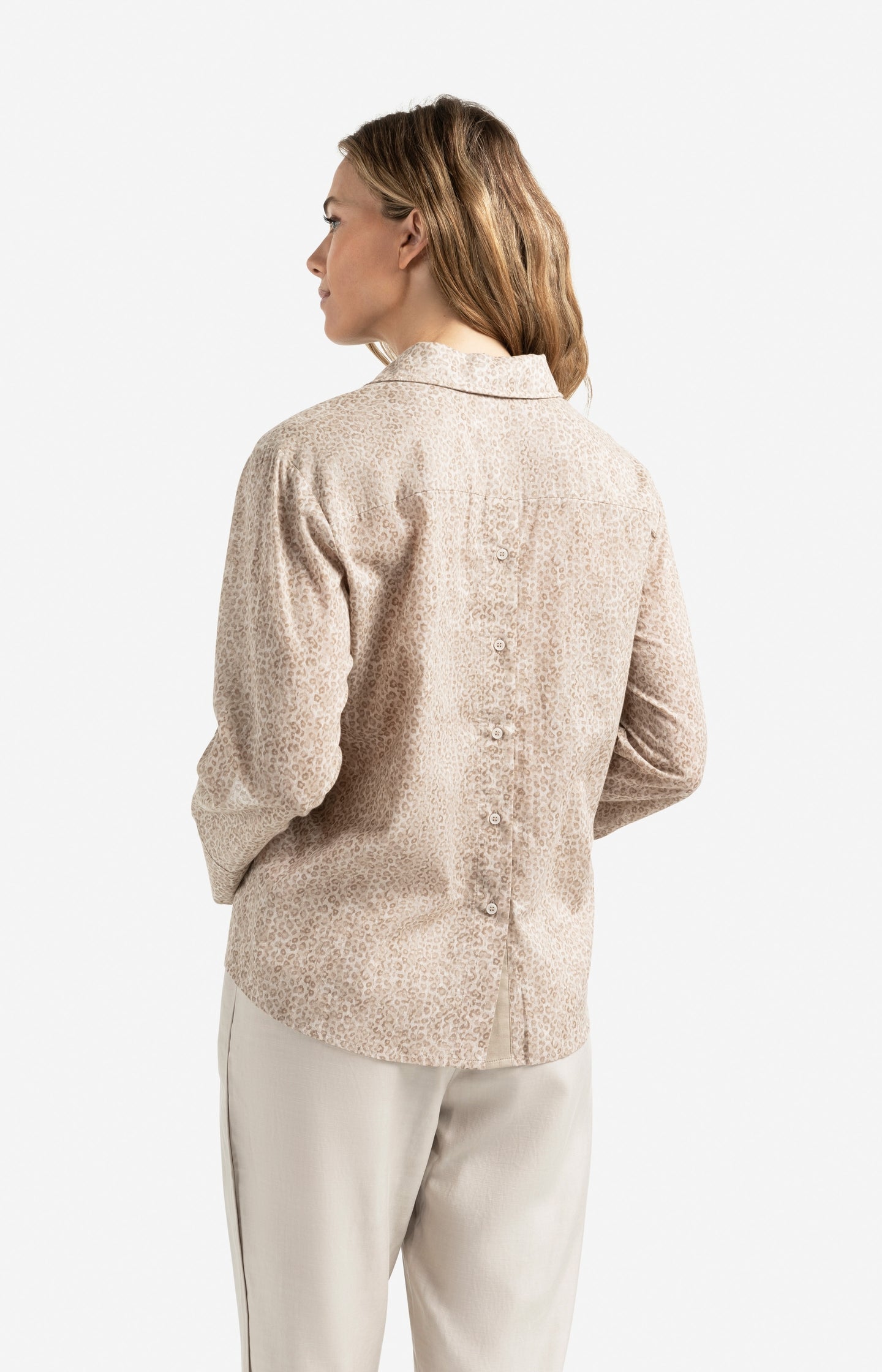 Leopard print blouse with back button detail