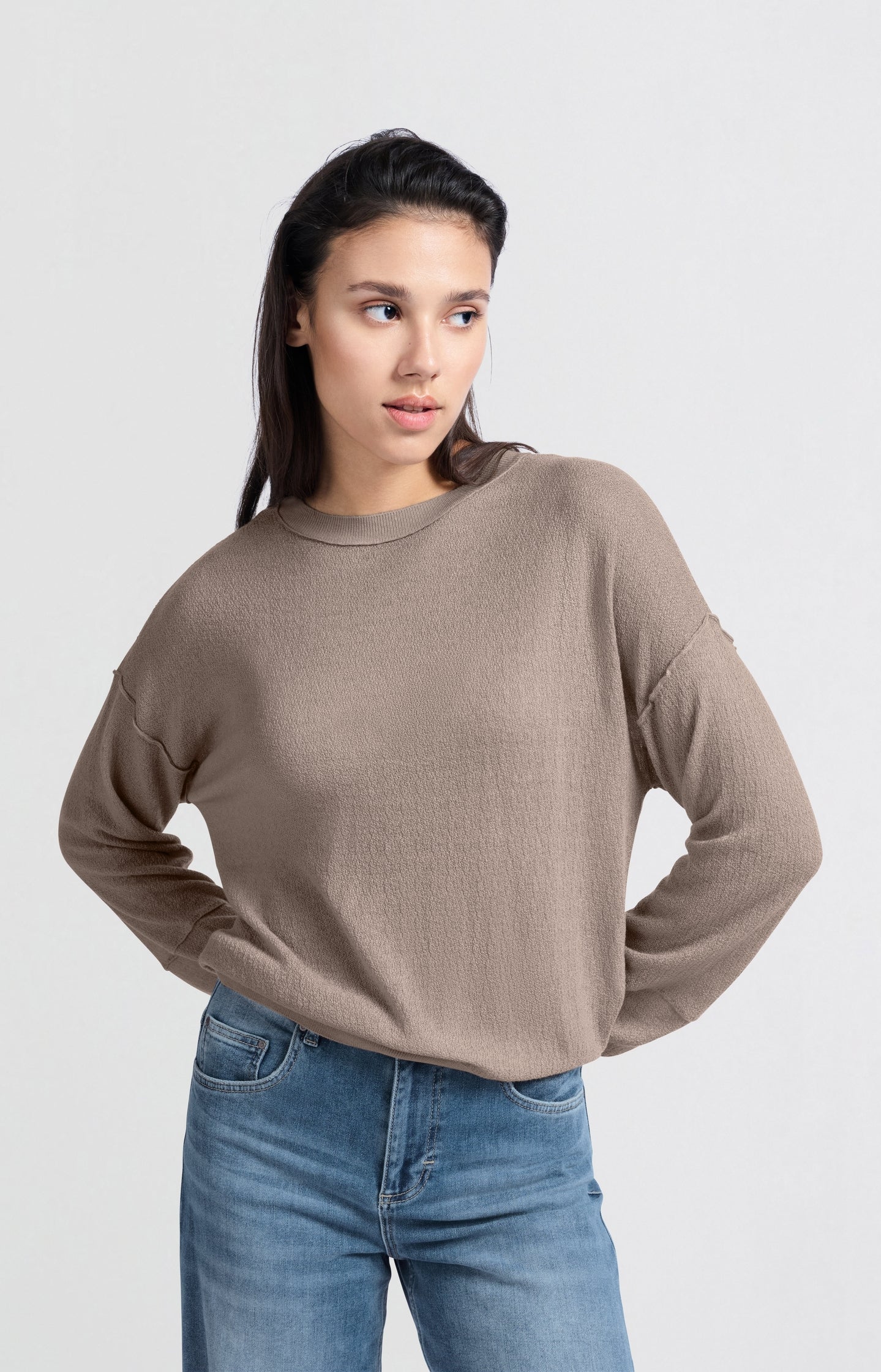 Lichtbruine sweater met ronde hals en subtiele naden – YAYA