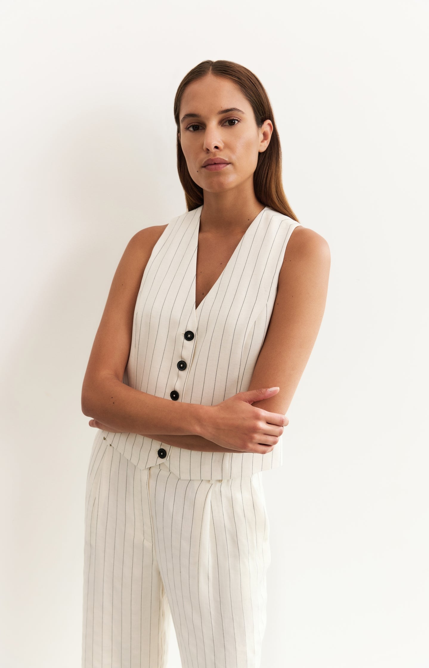 Linen blend gilet with pinstripe pattern
