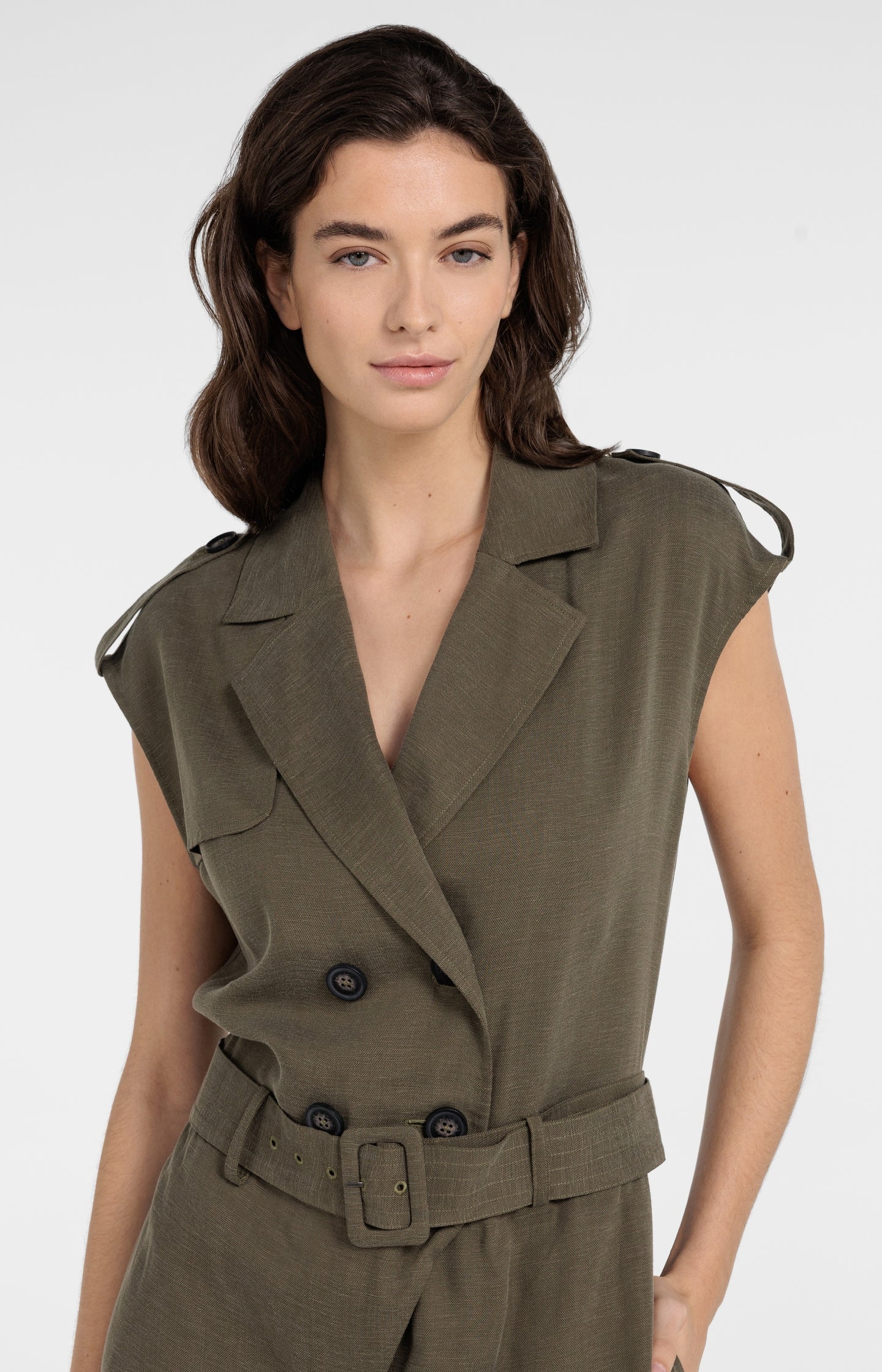 Linen blend jumpsuit with belted waist