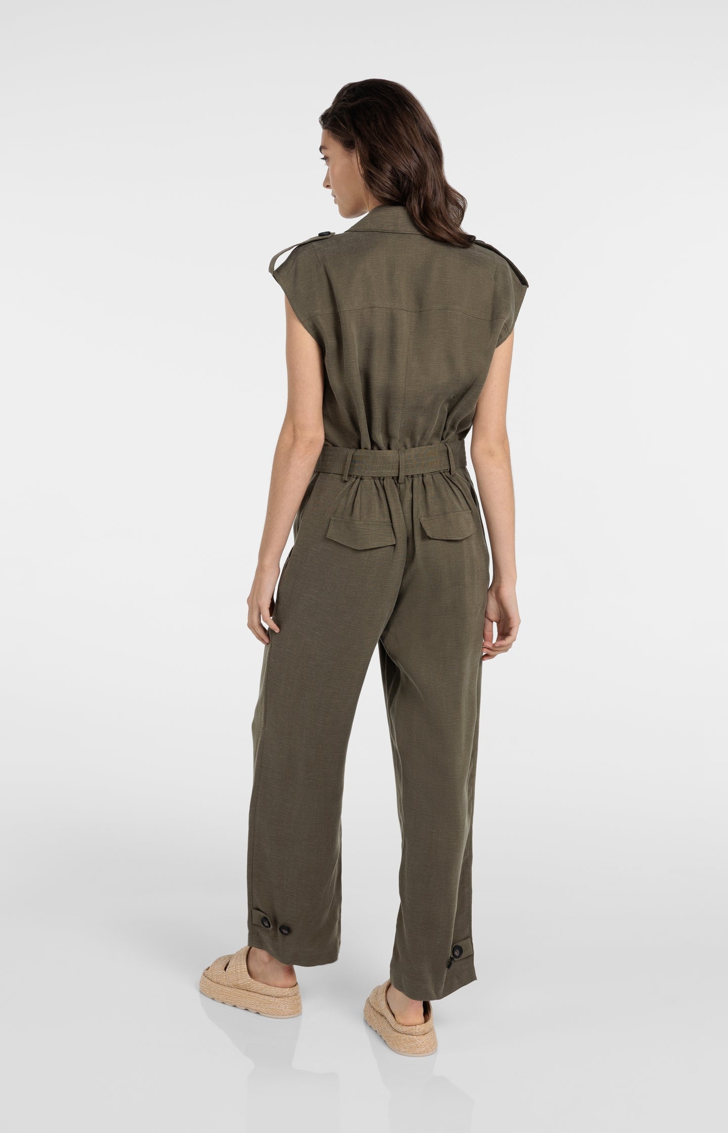 Linen blend jumpsuit with belted waist