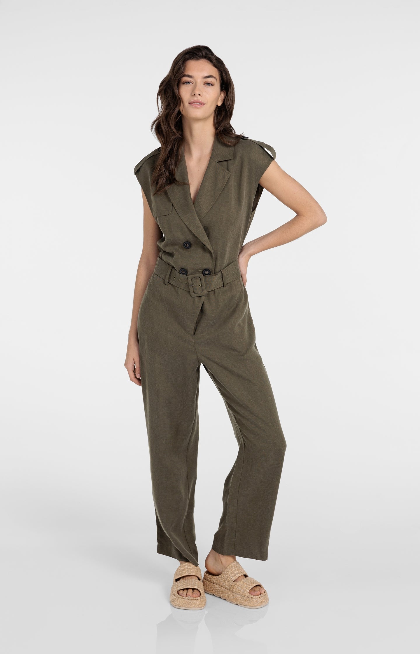 Linen blend jumpsuit with belted waist