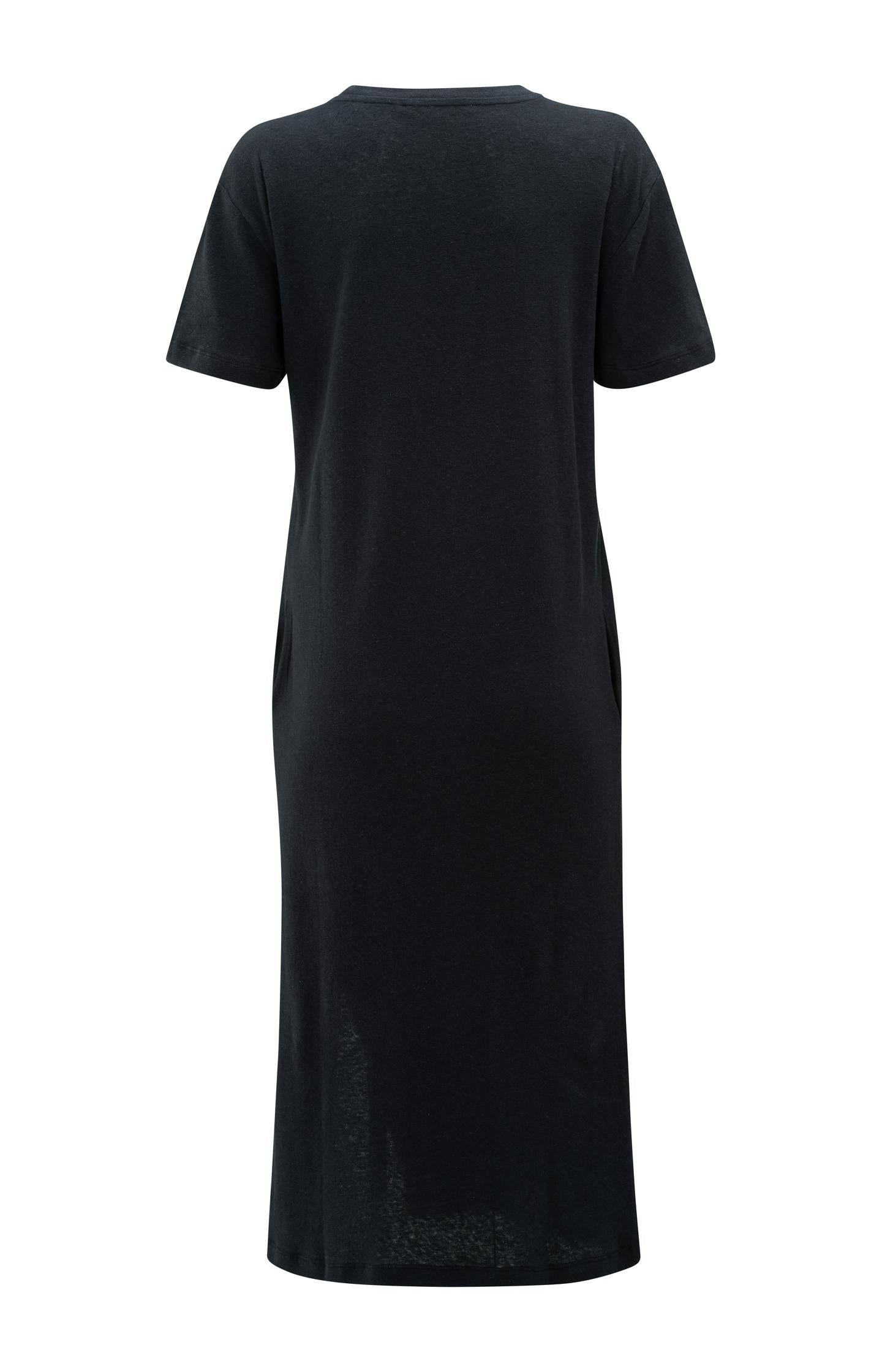 Linen blend T-shirt dress with short sleeves and slit